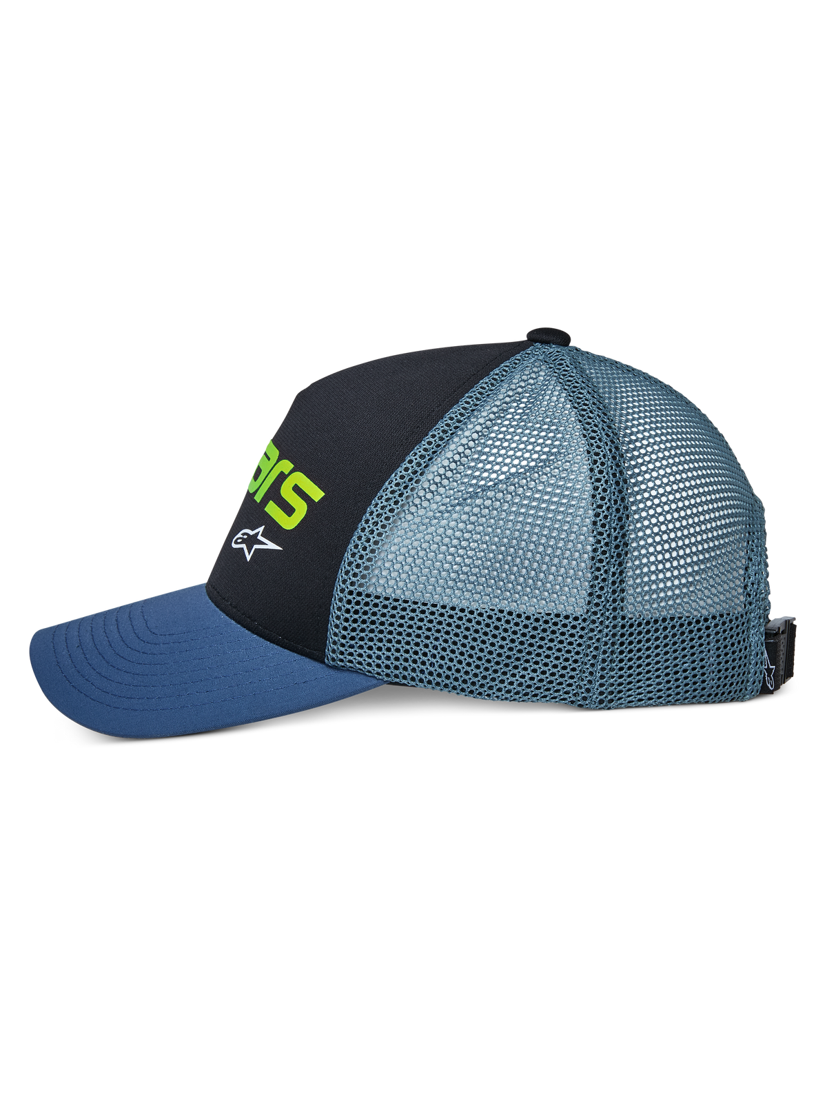 Boné Trucker Vital Alpinestars, vista lateral, com pala curva azul, painel frontal estruturado preto com texto verde lima e logótipo branco, rede azul-petróleo atrás e fecho de fivela ajustável, acessório de cabeça casual de desportos motorizados
