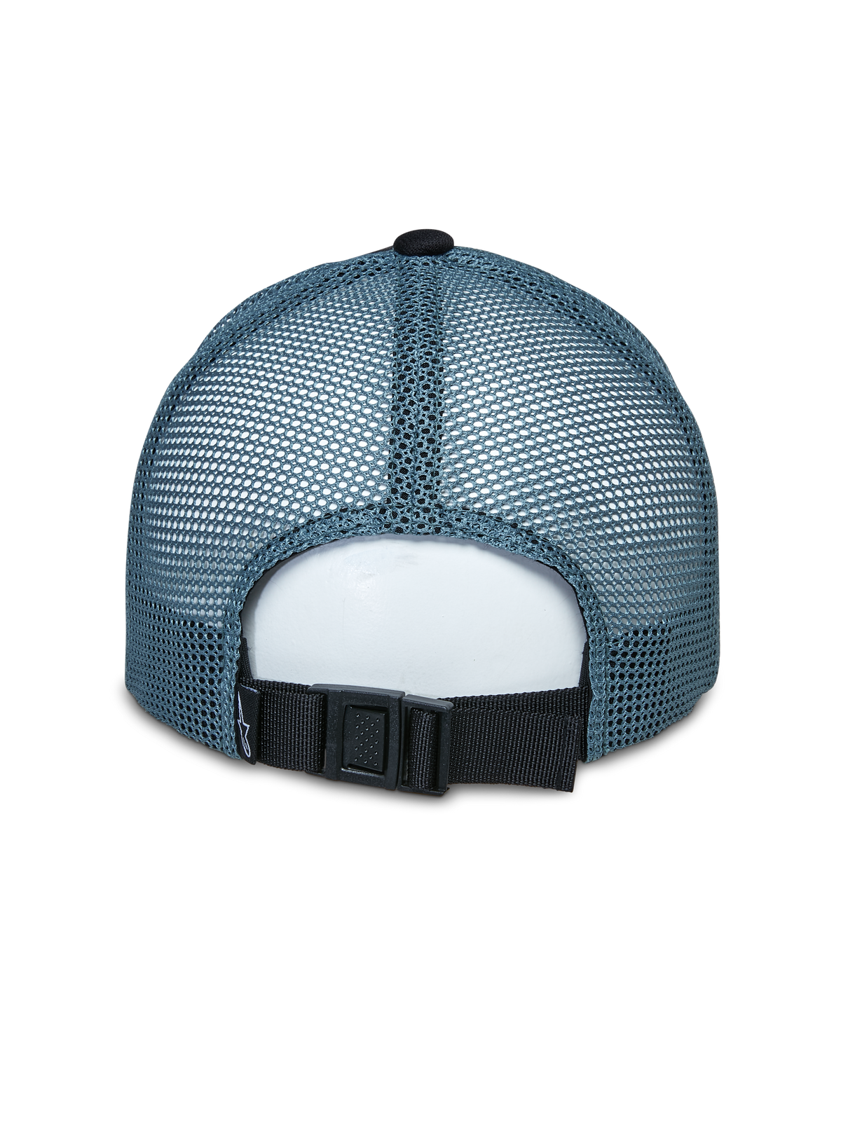 Boné Trucker Vital da Alpinestars, vista traseira, painéis traseiros em malha azul, correia ajustável com fivela preta, copa estruturada, acessório de cabeça casual e desportivo