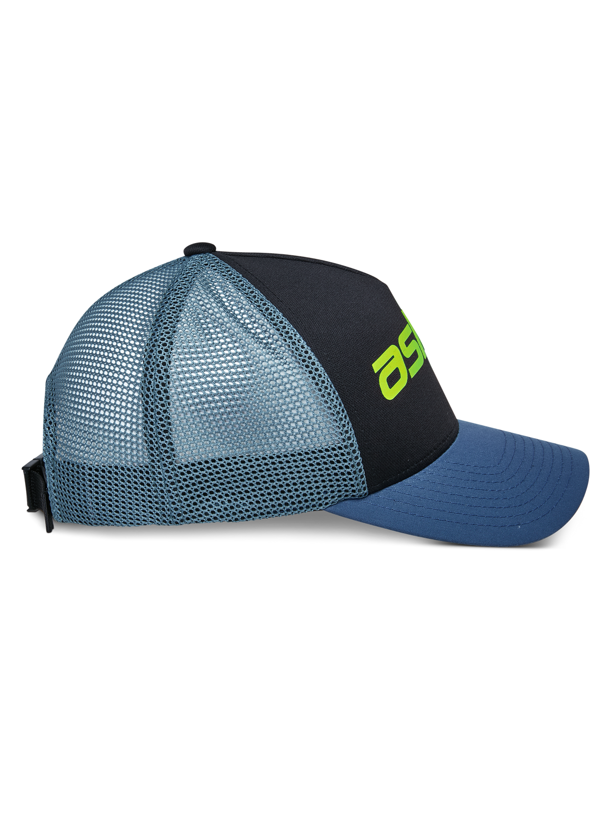 Alpinestars Vital Trucker Hat, vista lateral, painel frontal preto com pala curva azul e parte traseira em rede azul claro, detalhe do logótipo em verde lima, copa estruturada, acessório casual inspirado no desporto motorizado