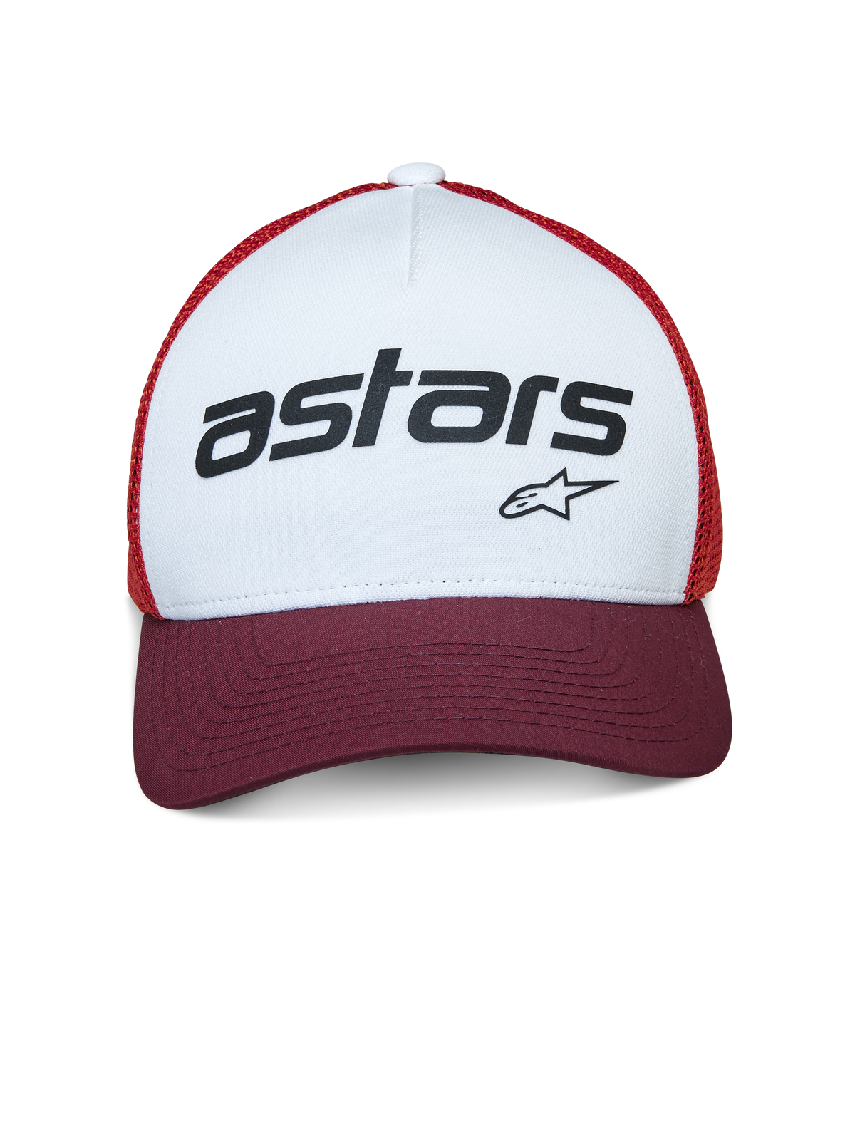 Alpinestars Vital Trucker Hat, boné trucker, branco, bordeaux e laranja, com painel frontal branco e logótipo 'astars' preto, pala curva bordeaux e rede laranja, acessório casual inspirado no desporto motorizado