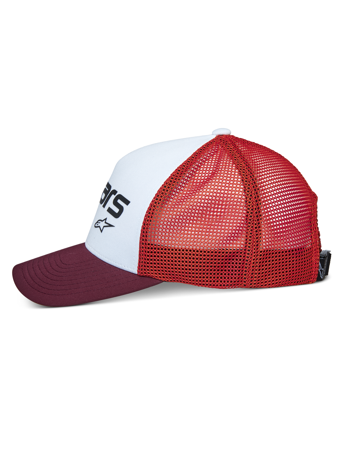 Alpinestars Vital Trucker Hat, vista lateral, painel frontal branco estruturado com logótipo preto, pala curva bordeaux, parte traseira em rede laranja, boné casual de estilo desportivo
