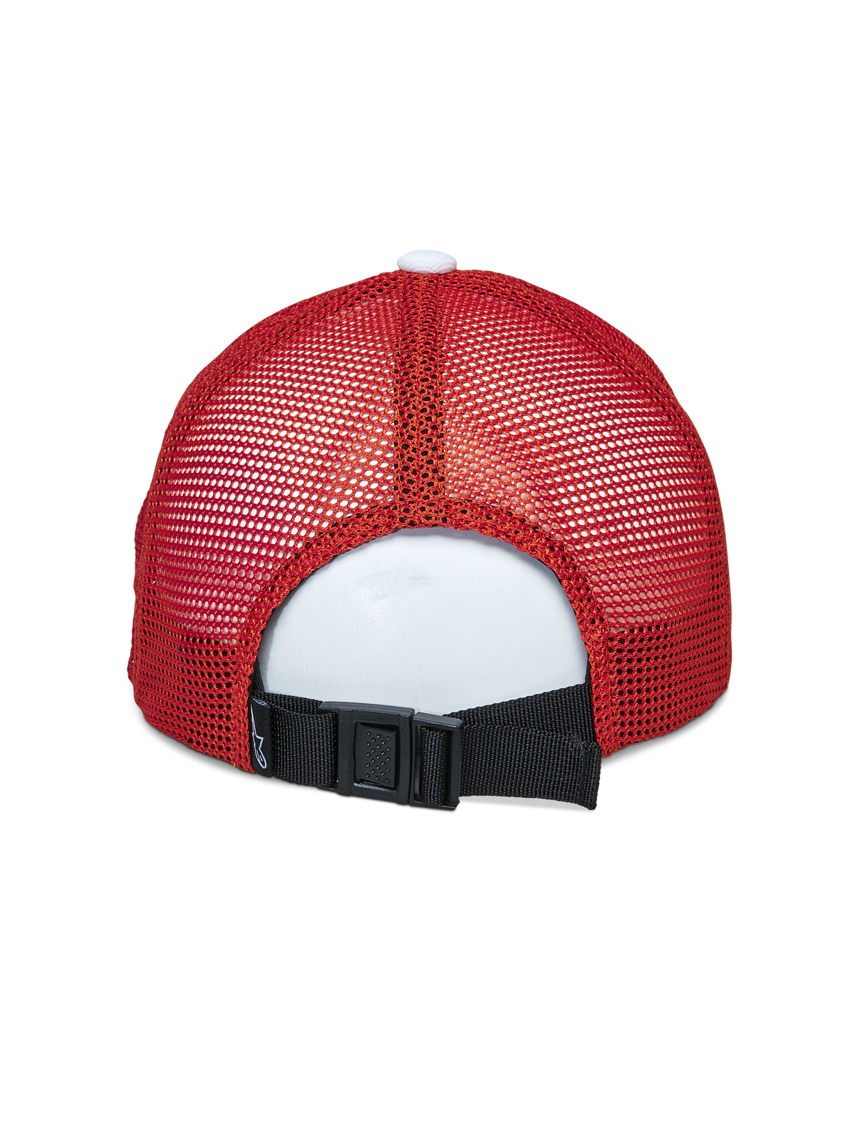 Boné Trucker Vital Alpinestars, vista traseira, Branco Grená Laranja, com painéis de rede vermelha e fecho traseiro ajustável de fivela preta, acessório de cabeça casual de estilo desportivo
