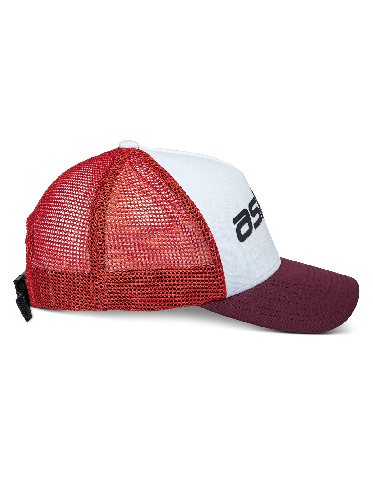 Boné Alpinestars Vital Trucker, boné trucker casual, Branco, Bordeaux e Laranja, vista de perfil lateral com pala curva e parte traseira em rede, fecho de fivela ajustável, copa estruturada com logótipo preto
