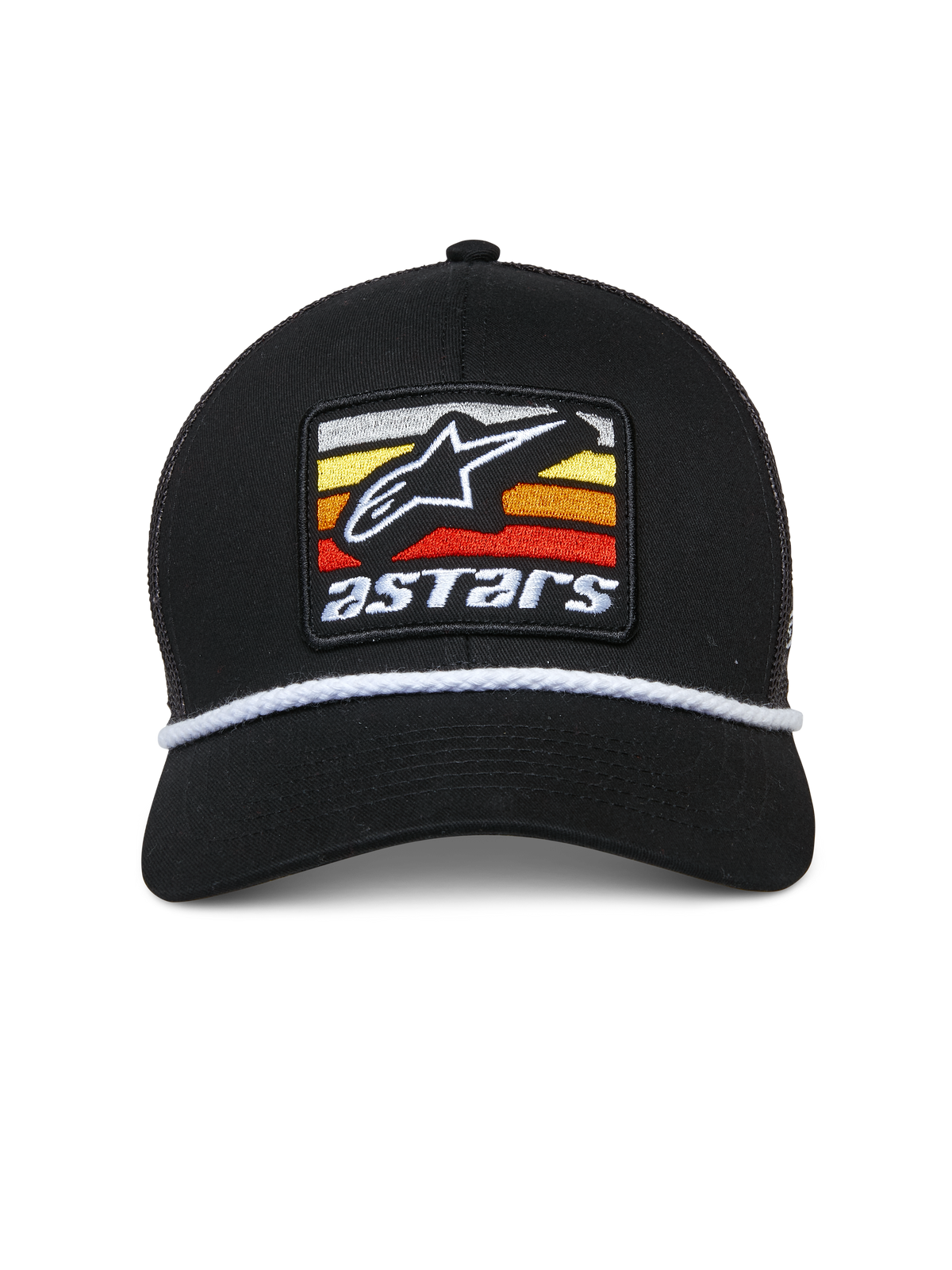 Alpinestars Selica Trucker Hat, boné preto com patch bordado frontal, logótipo Astars branco e riscas multicoloridas, acabamento em corda trançada branca, pala curva e copa estruturada, streetwear casual inspirado no desporto motorizado