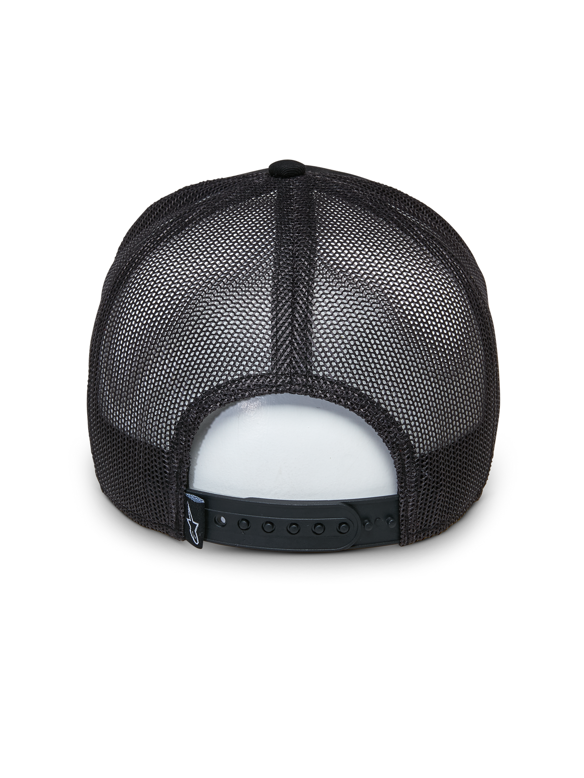 Alpinestars Selica Trucker Hat, preto, vista traseira com painéis de rede respirável e fecho snapback ajustável, pequena etiqueta tecida com logótipo, design trucker estruturado clássico para um estilo casual
