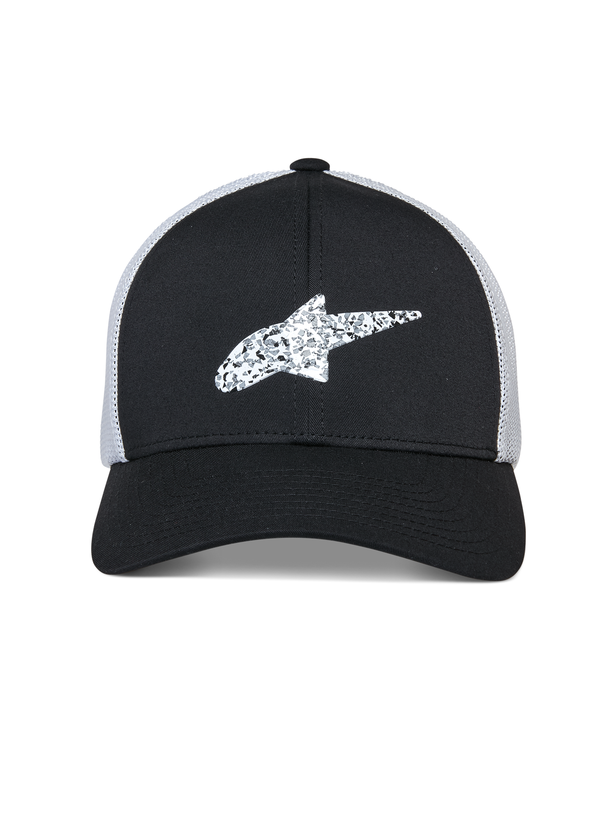 Boné Trucker Terolithic Alpinestars, boné de sportswear, preto com malha traseira branca, logótipo da estrela Alpinestars branco e texturizado na frente, pala curva e copa baixa estruturada