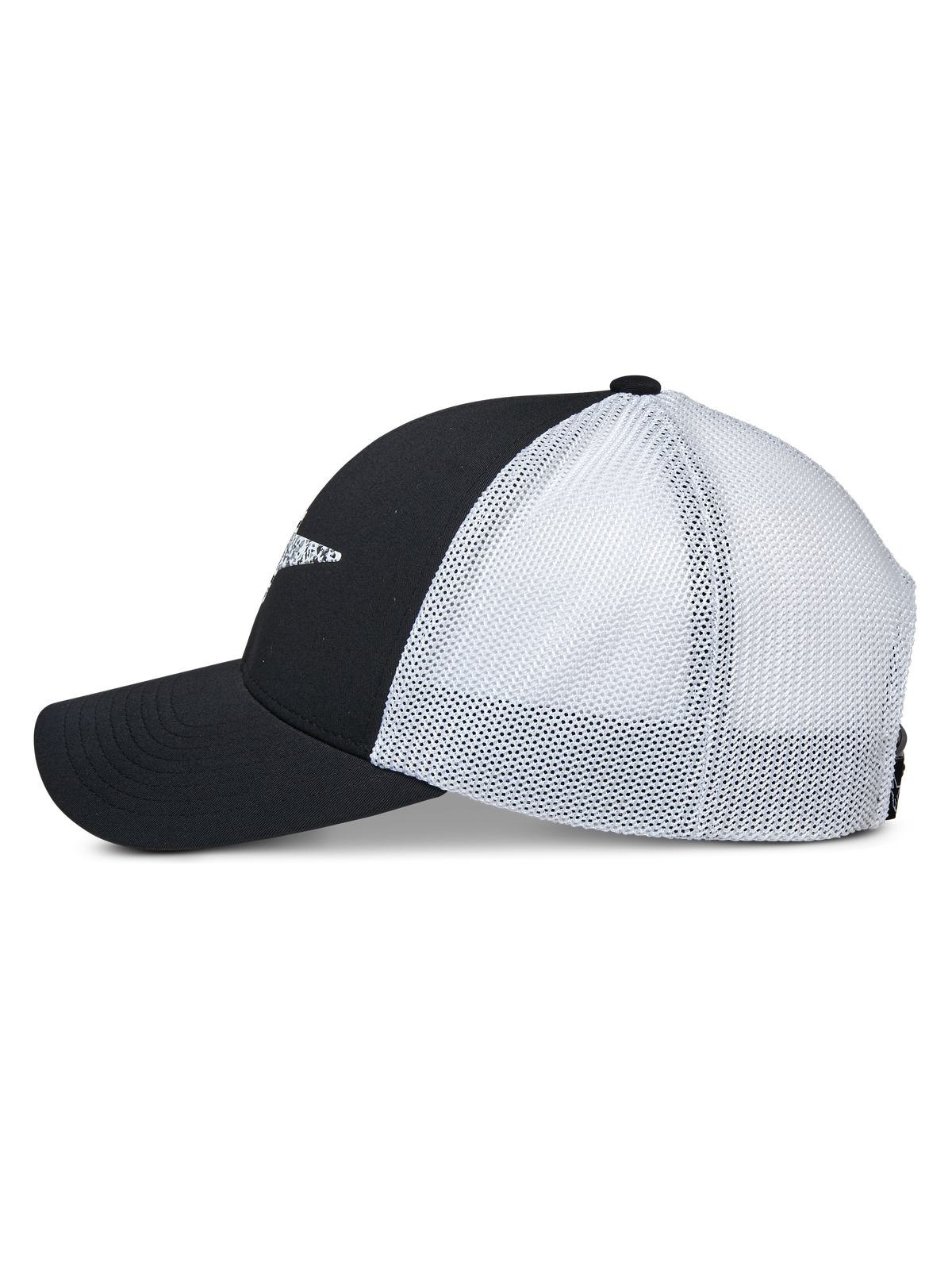 Alpinestars Boné Trucker Terolithic, vista lateral, painéis frontais pretos e pala curva com painéis traseiros em rede branca, boné snapback de estilo desportivo casual