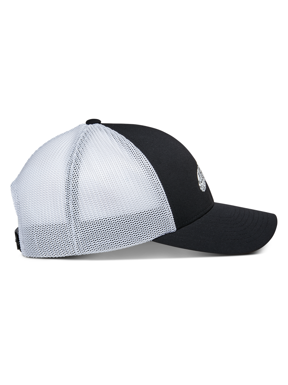 Boné Trucker Alpinestars Terolithic, vista lateral, painel frontal preto com pala curva, painéis traseiros em rede branca, copa baixa estruturada, acessório de estilo trucker clássico