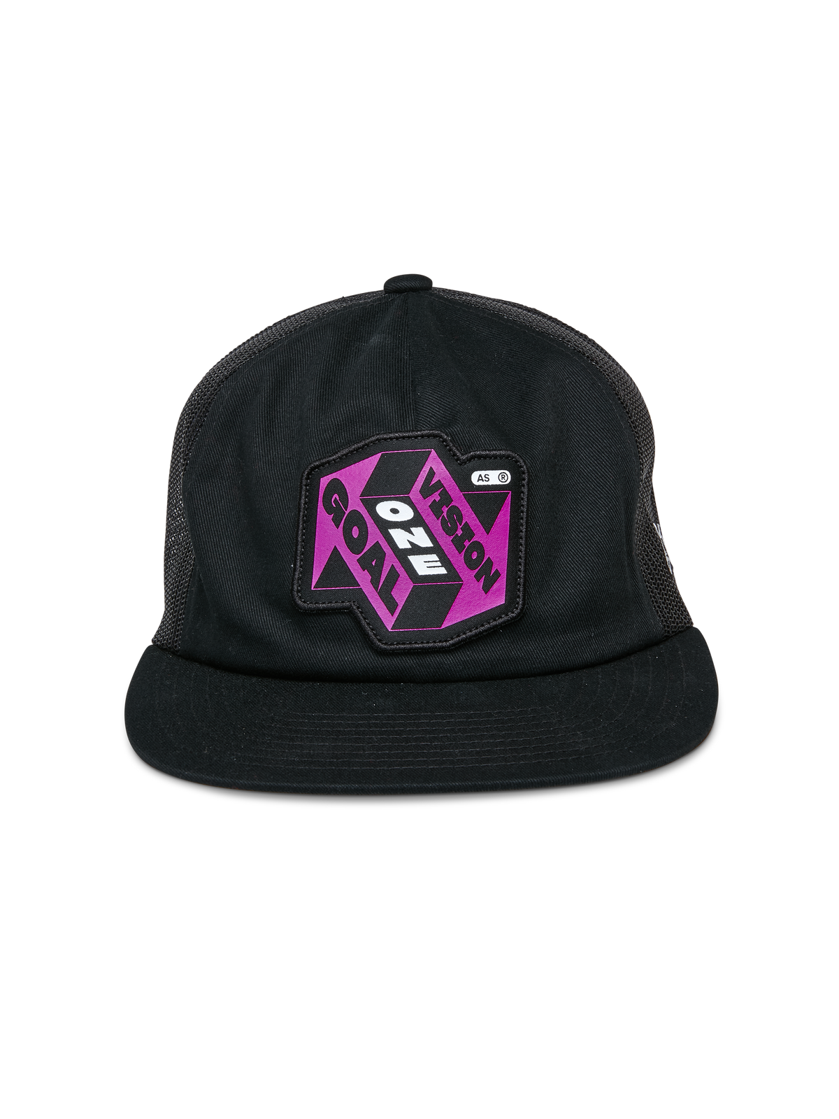 Boné Trucker Alpinestars That Way, boné trucker preto, apresenta um emblema gráfico roxo e preto com o texto "One Vision One Goal", pala plana, copa estruturada e painéis traseiros em rede, acessório de cabeça casual inspirado no desporto motorizado