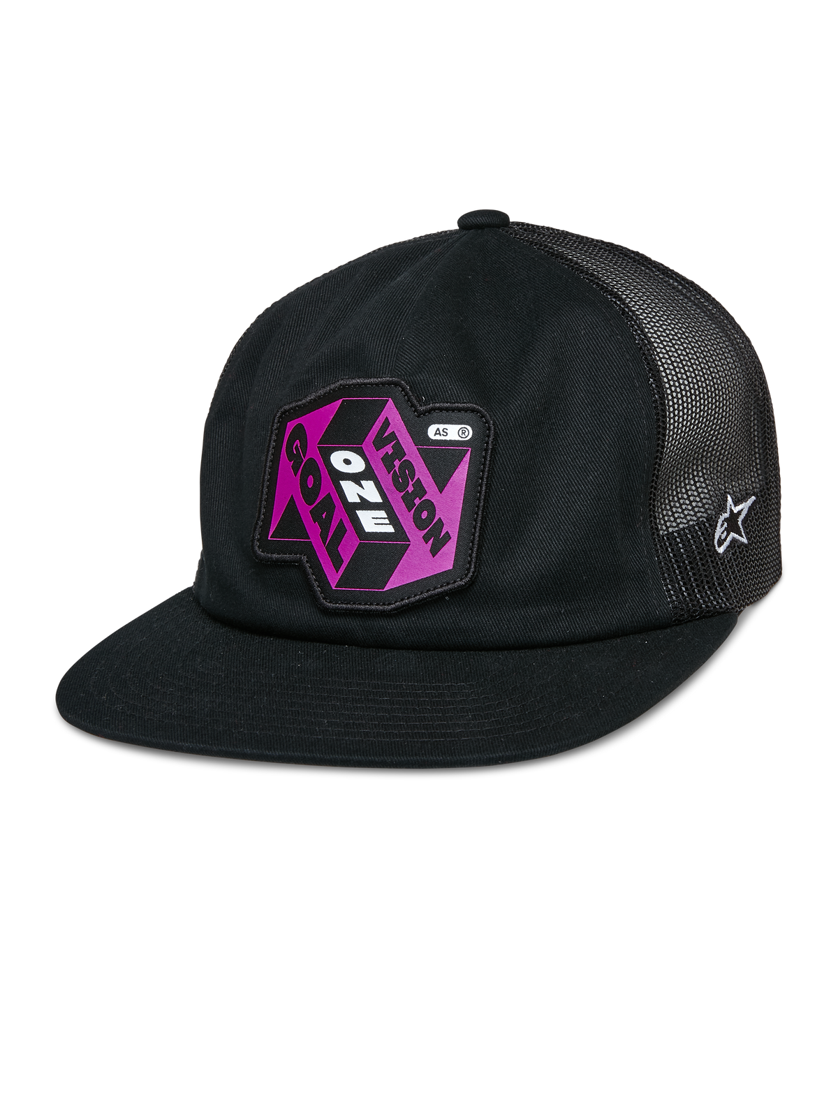 Alpinestars That Way Trucker Hat, boné snapback preto com parte traseira em rede, pala plana, patch rosa e roxo 'Vision One Goal', logótipo de estrela branco da Alpinestars, vestuário desportivo casual