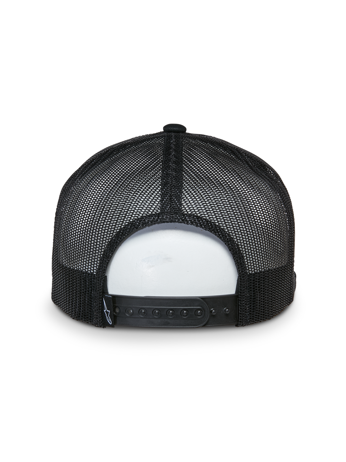 Boné Trucker Alpinestars That Way, vista traseira, preto, painéis traseiros em malha com fecho snapback ajustável, pequena etiqueta tecida com logótipo, acessório de cabeça casual inspirado no desporto motorizado