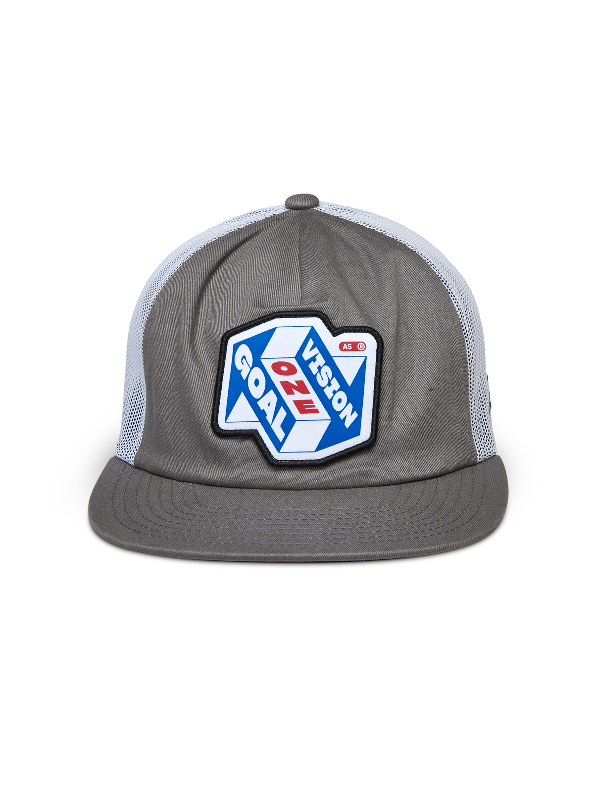 Boné Trucker Alpinestars That Way, cinzento e branco, copa estruturada com pala plana e rede traseira branca, com um patch frontal grande com o grafismo 'One Goal One Vision', streetwear casual de estilo motorsport