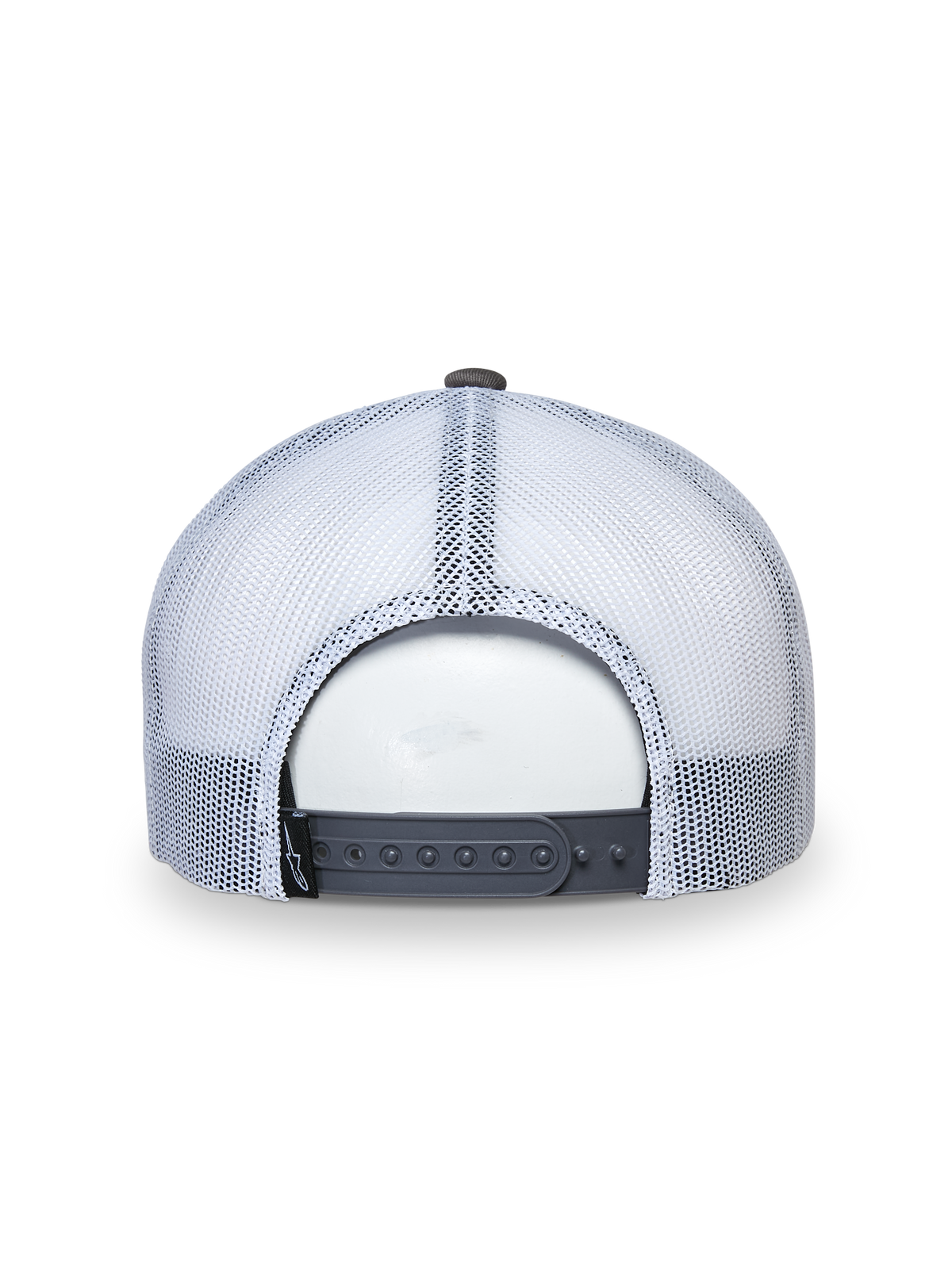 Alpinestars That Way Trucker Hat, boné trucker, cinza e branco, vista traseira com painéis de rede brancos e fecho de pressão cinza, ajuste regulável, acessório de moda desportiva casual