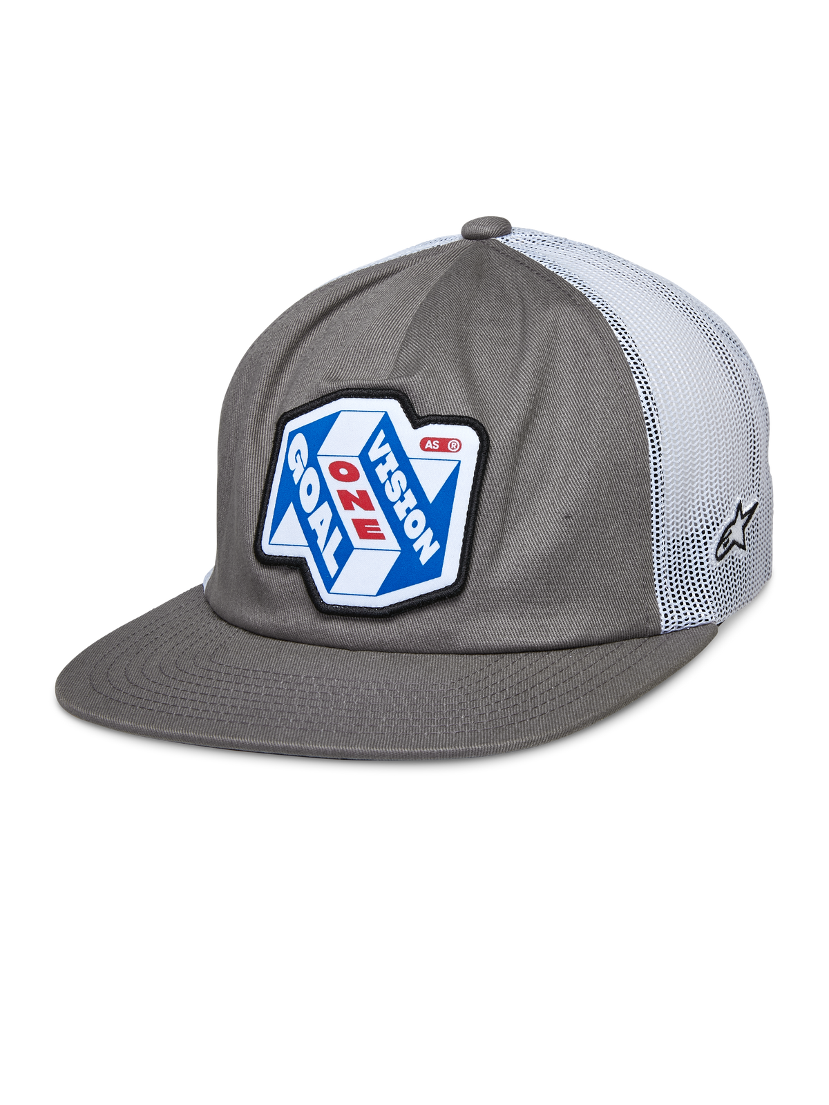 Alpinestars That Way Trucker Hat, boné snapback cinzento e branco com parte traseira em rede, patch gráfico azul e branco com a inscrição 'ONE GOAL VISION' a vermelho e branco, pala plana, pequeno logótipo de estrela na rede, estilo casual motorsport