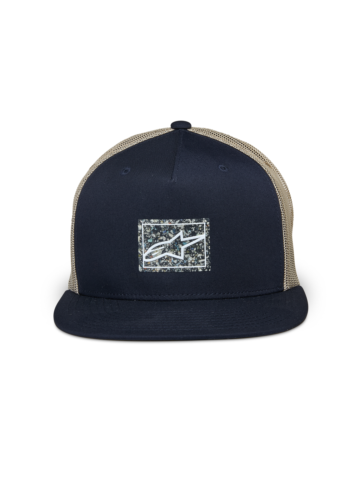 Boné Alpinestars Mackinic Trucker, azul-marinho e caqui, boné trucker de pala plana, painel frontal estruturado em azul-marinho com emblema retangular de logótipo reciclado e mosqueado, parte traseira em rede caqui, acessório casual inspirado no desporto motorizado