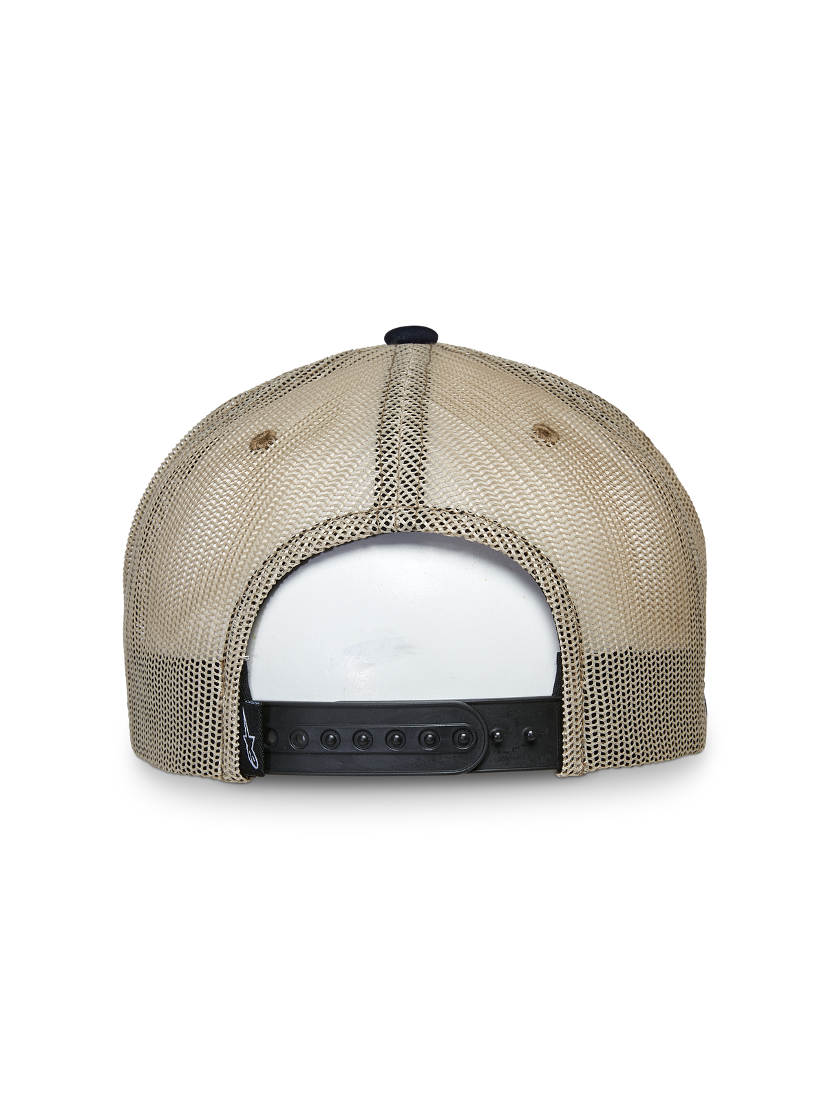 Alpinestars Mackinic Trucker Hat, boné trucker, azul-marinho e caqui, vista traseira com painéis de malha caqui e fecho snapback ajustável preto, acessório de cabeça de estilo casual
