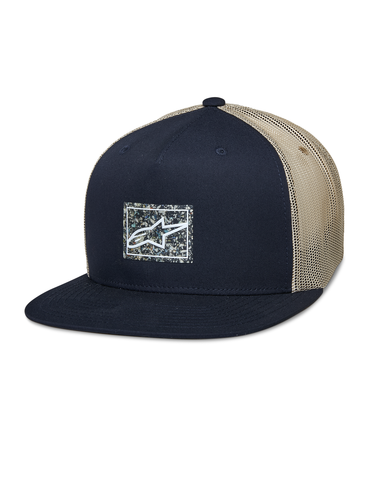 Alpinestars Mackinic Trucker Hat, boné snapback de pala plana, malha azul-marinho e caqui, apresenta um patch de logótipo frontal quadrado com fundo salpicado, acessório casual de lifestyle