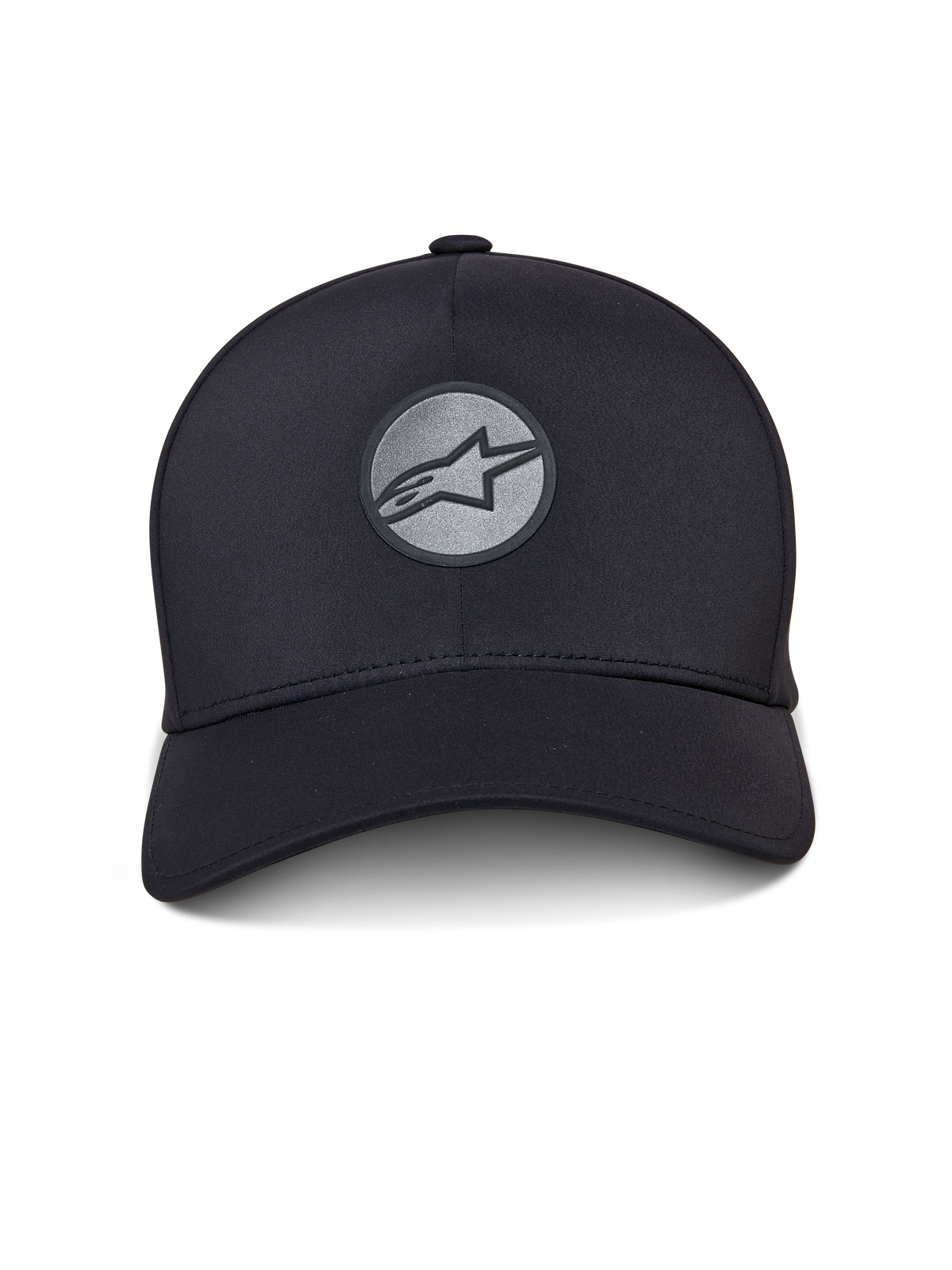 Boné Alpinestars Apex, boné desportivo preto, pala curvada e copa estruturada, logótipo Astar refletor soldado na frente num emblema circular, construção sem costuras com um design desportivo moderno