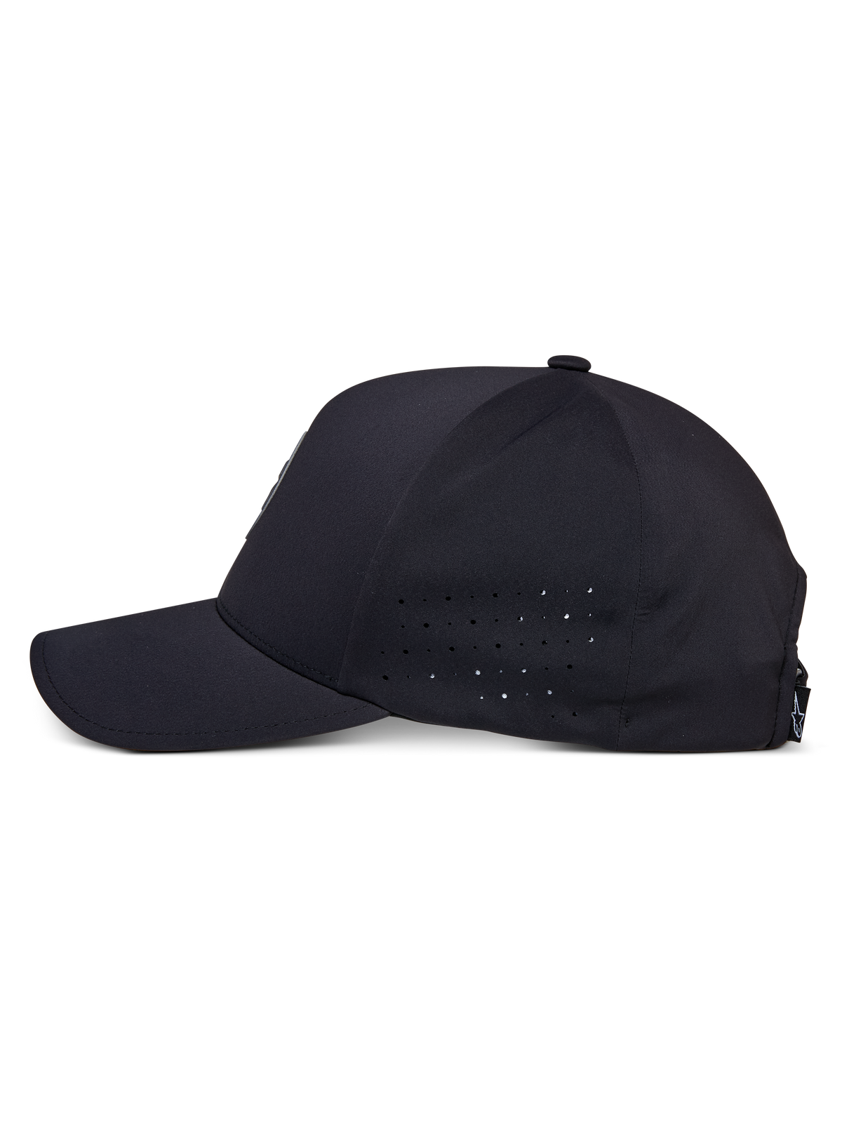 Alpinestars Apex Hat, boné preto, vista de perfil lateral, pala curva com copa estruturada, perfurações nos painéis laterais para respirabilidade, tecido técnico que absorve a humidade, vestuário desportivo casual de performance