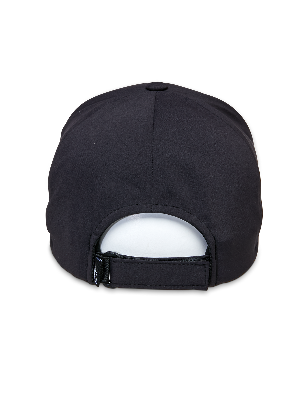Boné Alpinestars Apex, preto, vista traseira mostrando o fecho de velcro ajustável, construção da copa sem costuras e tecido de performance respirável para vestuário desportivo casual.