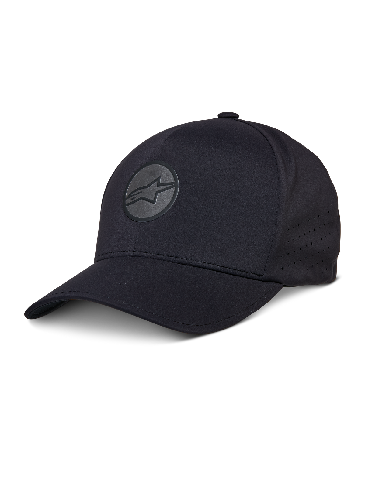 Alpinestars Apex Hat, boné de basebol preto, pala curva, logótipo refletor circular com estrela, painéis laterais perfurados para ventilação, acessório de performance desportiva