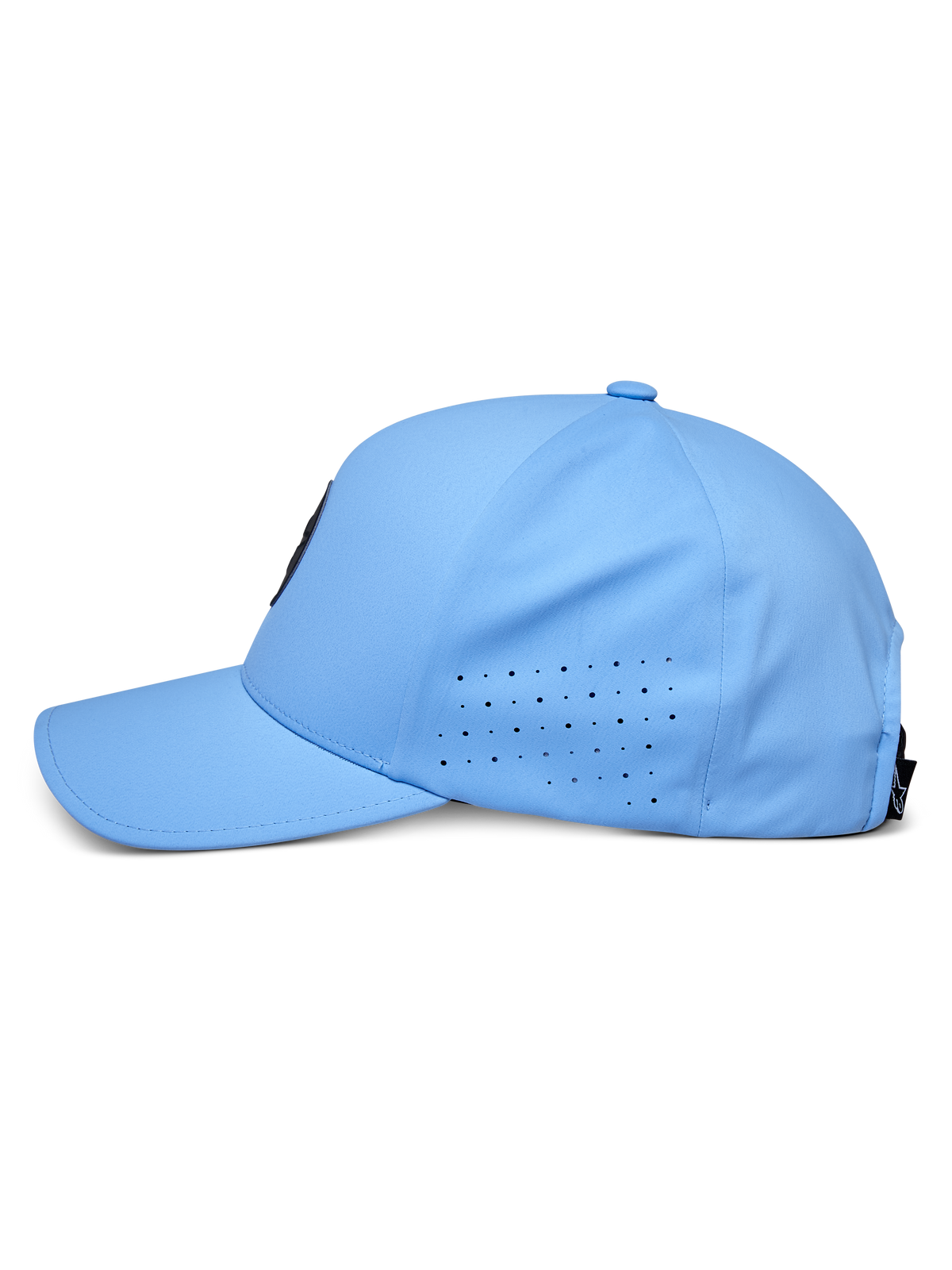Alpinestars Apex Hat, azul, vista de perfil lateral, pala curva com painéis laterais perfurados para ventilação, tecido técnico que absorve a humidade, acessório de performance inspirado no desporto motorizado