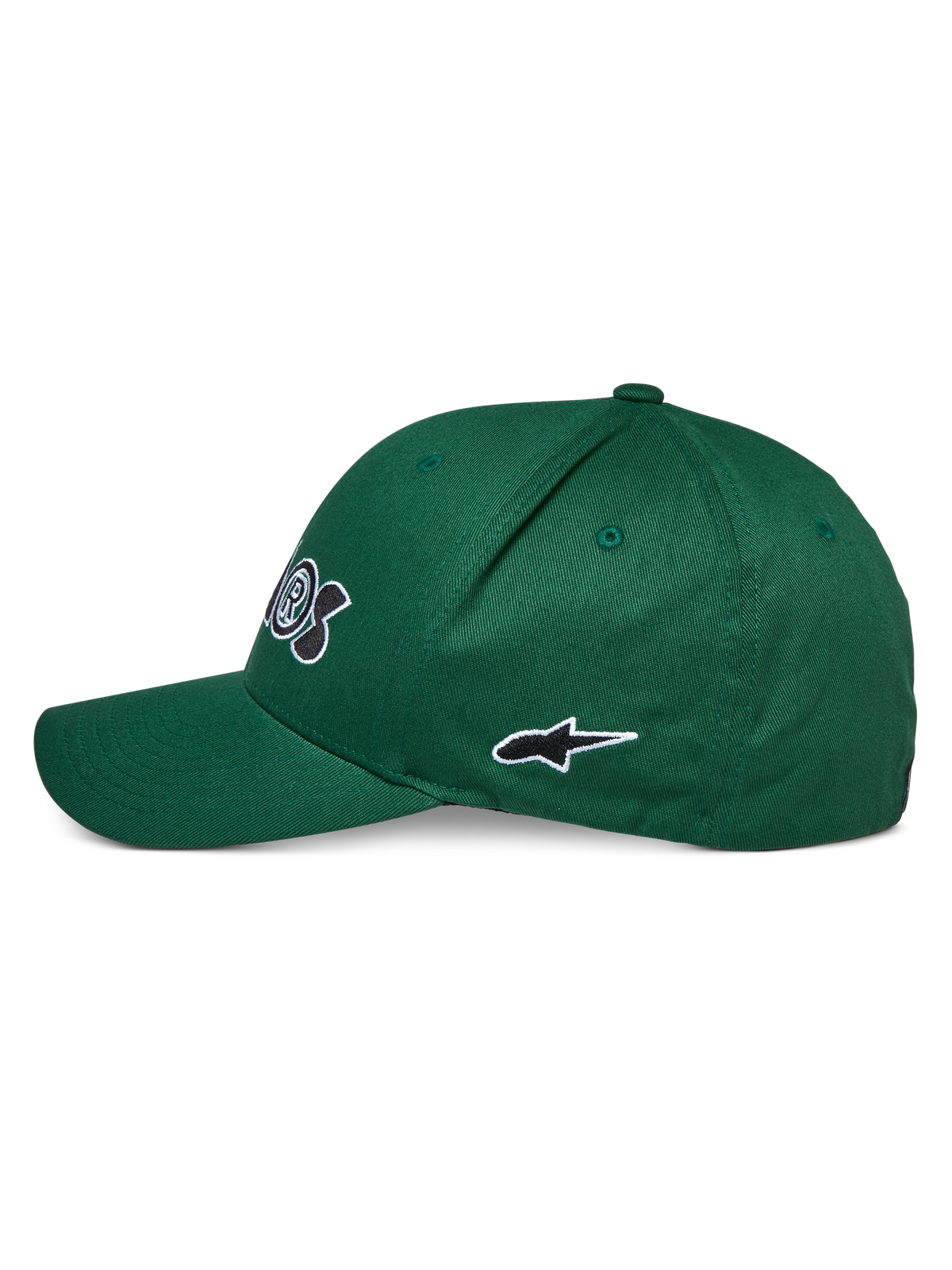 Alpinestars Cereal Hat, boné verde, vista de perfil lateral, com pala curva e logótipo de estrela bordado em preto e branco, acessório casual desportivo