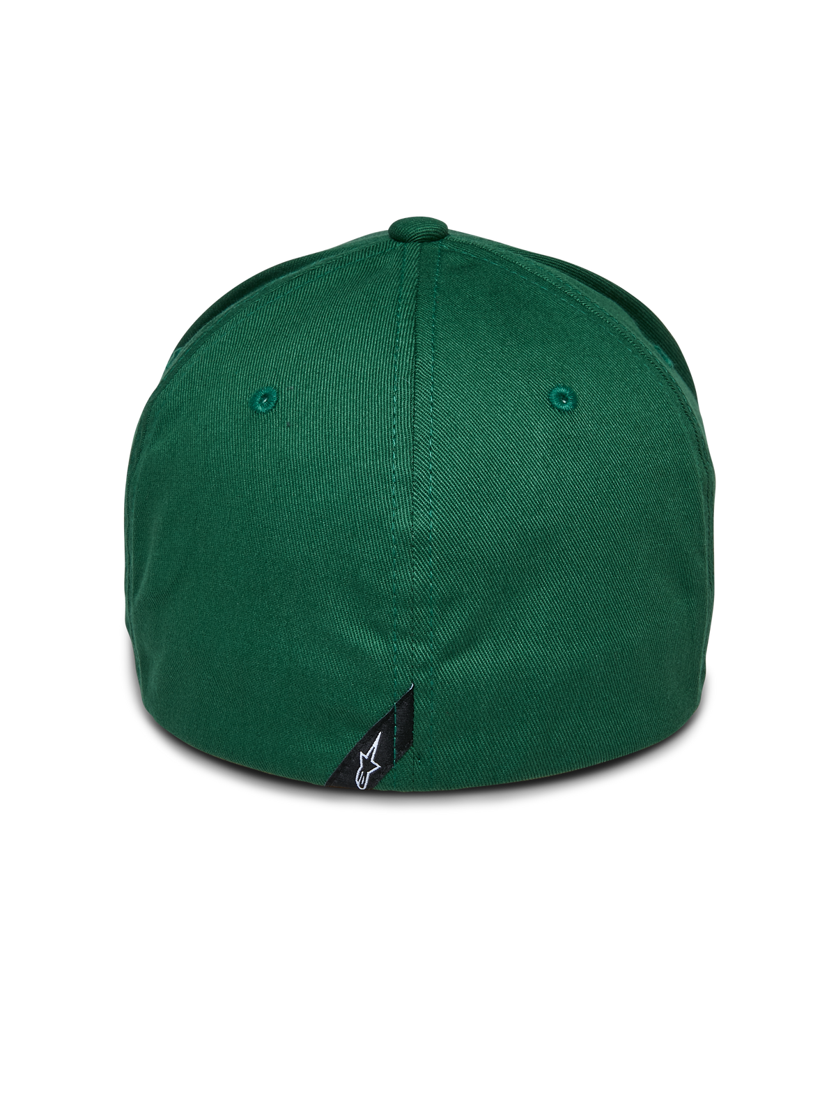 Chapéu Cereal Alpinestars, Verde, vista traseira de boné de basebol flex-back, com uma pequena etiqueta preta com o logótipo Alpinestars na costura traseira, coroa estruturada em sarja elástica