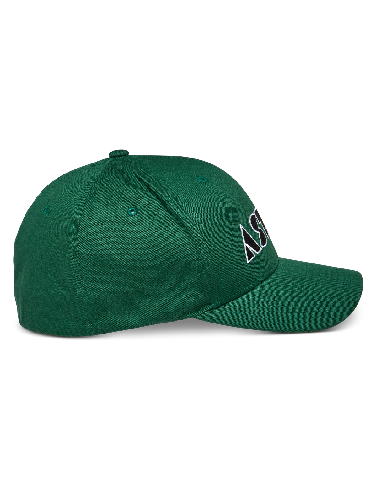 Alpinestars Cereal Hat, verde, boné de pala curva com coroa estruturada, logótipo bordado a branco e preto, vista lateral de perfil, estilo desportivo casual