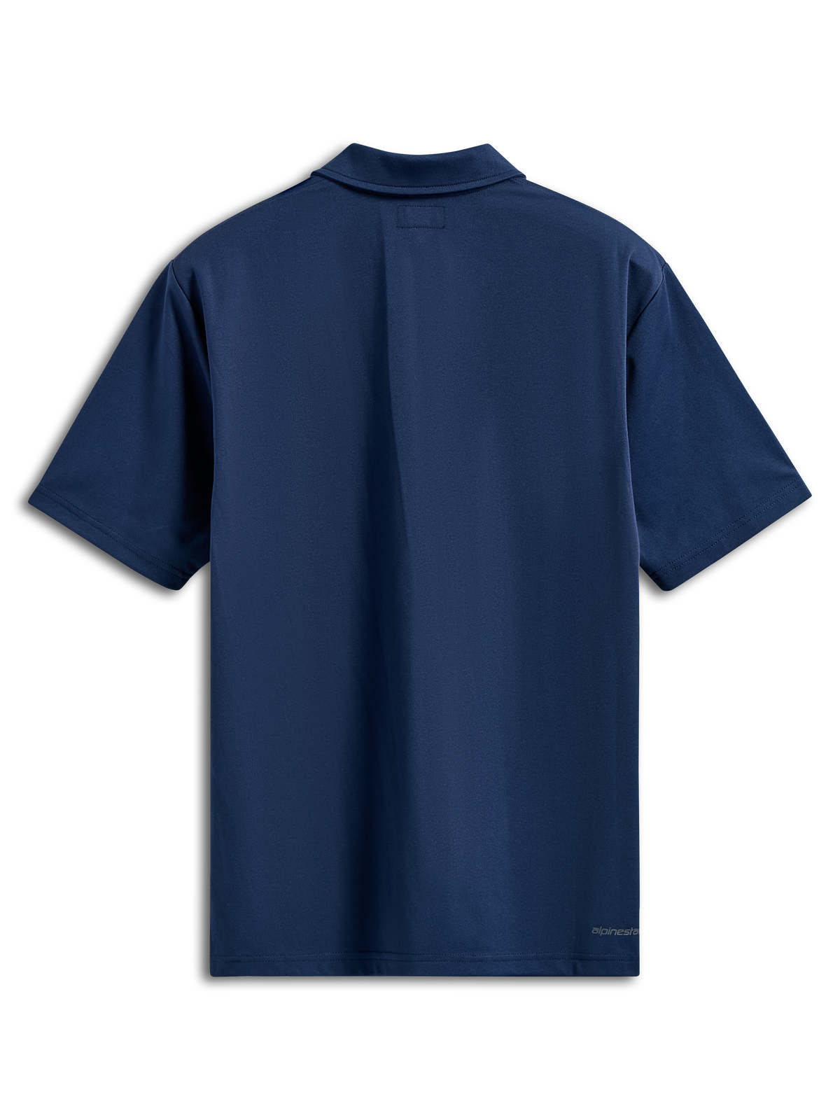 Alpinestars Impetus Sport Polo, Short Sleeve Polo Shirt, Navy Blue, back view featuring a self collar and small word logo on the bottom right hem, casual motorsport streetwear