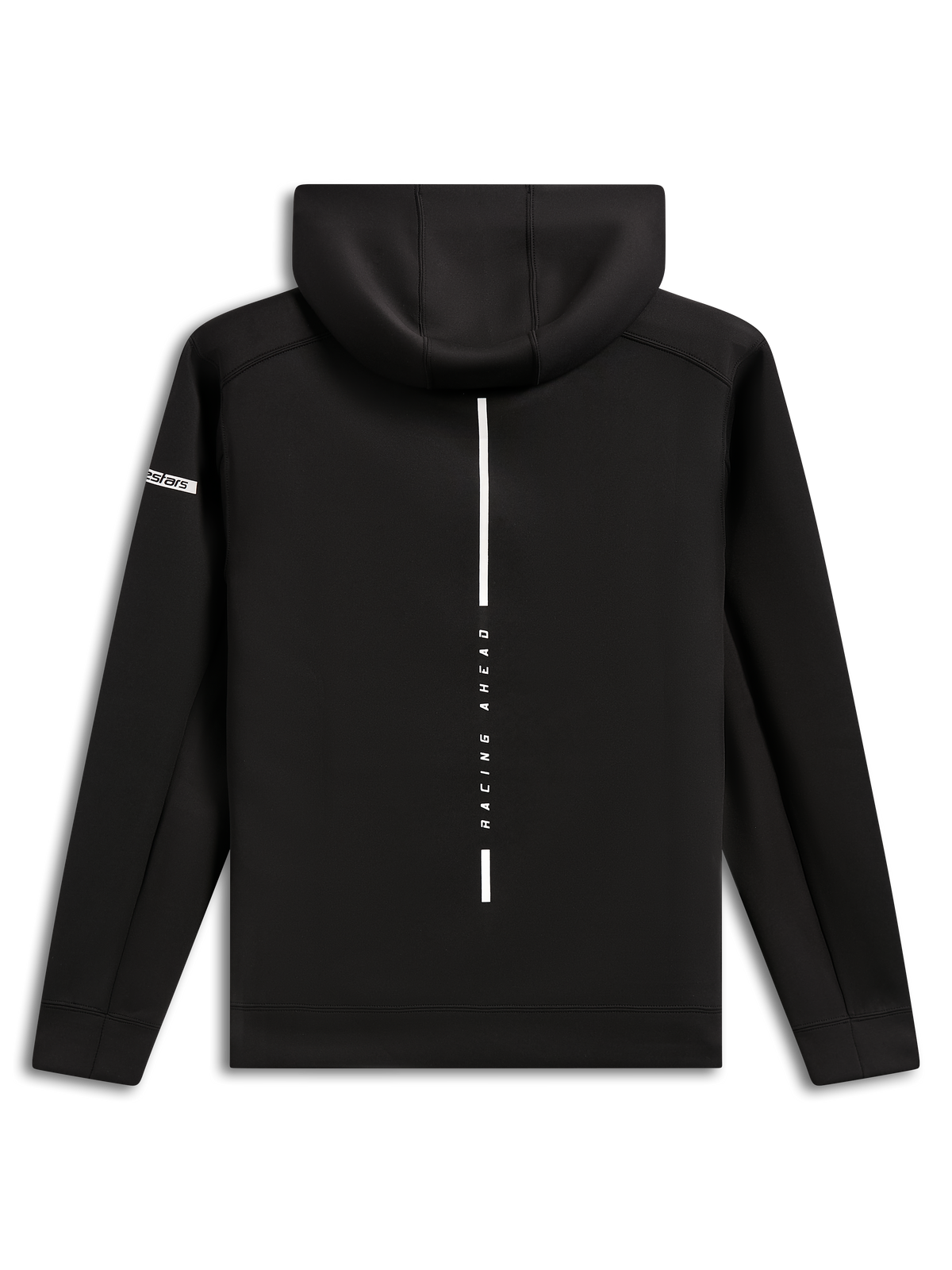 Alpinestars Insight Hoodie, vista traseira, sweatshirt preta com capuz de lã, risca branca vertical com o texto 'RACING AHEAD', logótipo Alpinestars Word na manga, streetwear casual inspirado no desporto motorizado
