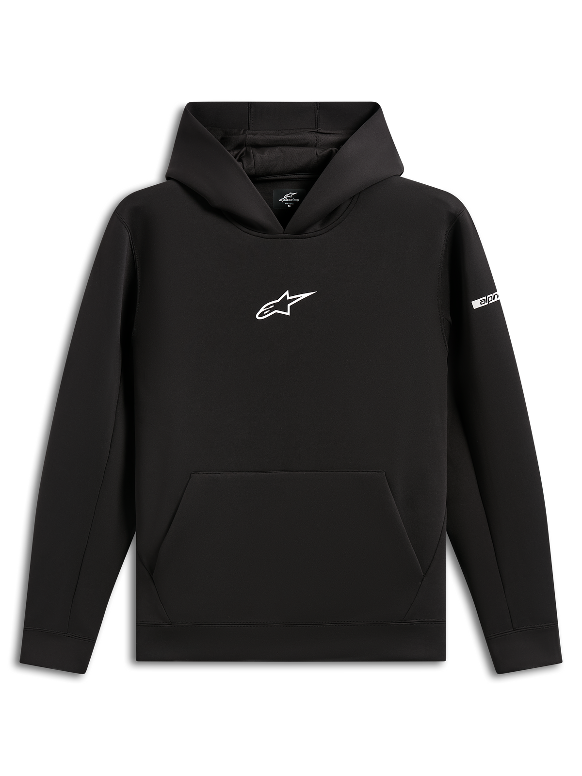 Alpinestars Insight Hoodie, sweatshirt preta com capuz, logótipo Astars branco no peito, bolso canguru, capuz forrado com malha, streetwear casual inspirado no desporto motorizado