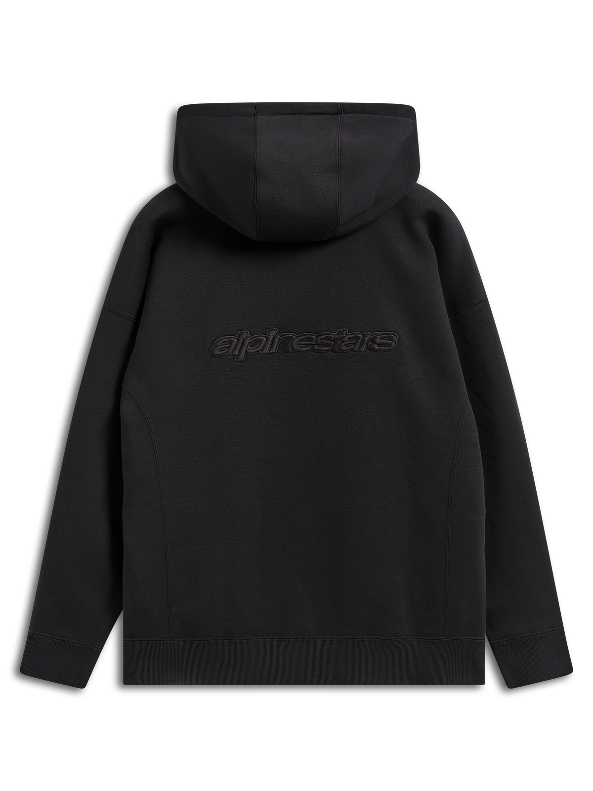 Alpinestars Emergent Oversized Hoodie, sweatshirt preta de estilo streetwear casual, vista traseira mostrando o logótipo Alpinestars bordado, corte oversized com design de capuz e bainha com nervuras