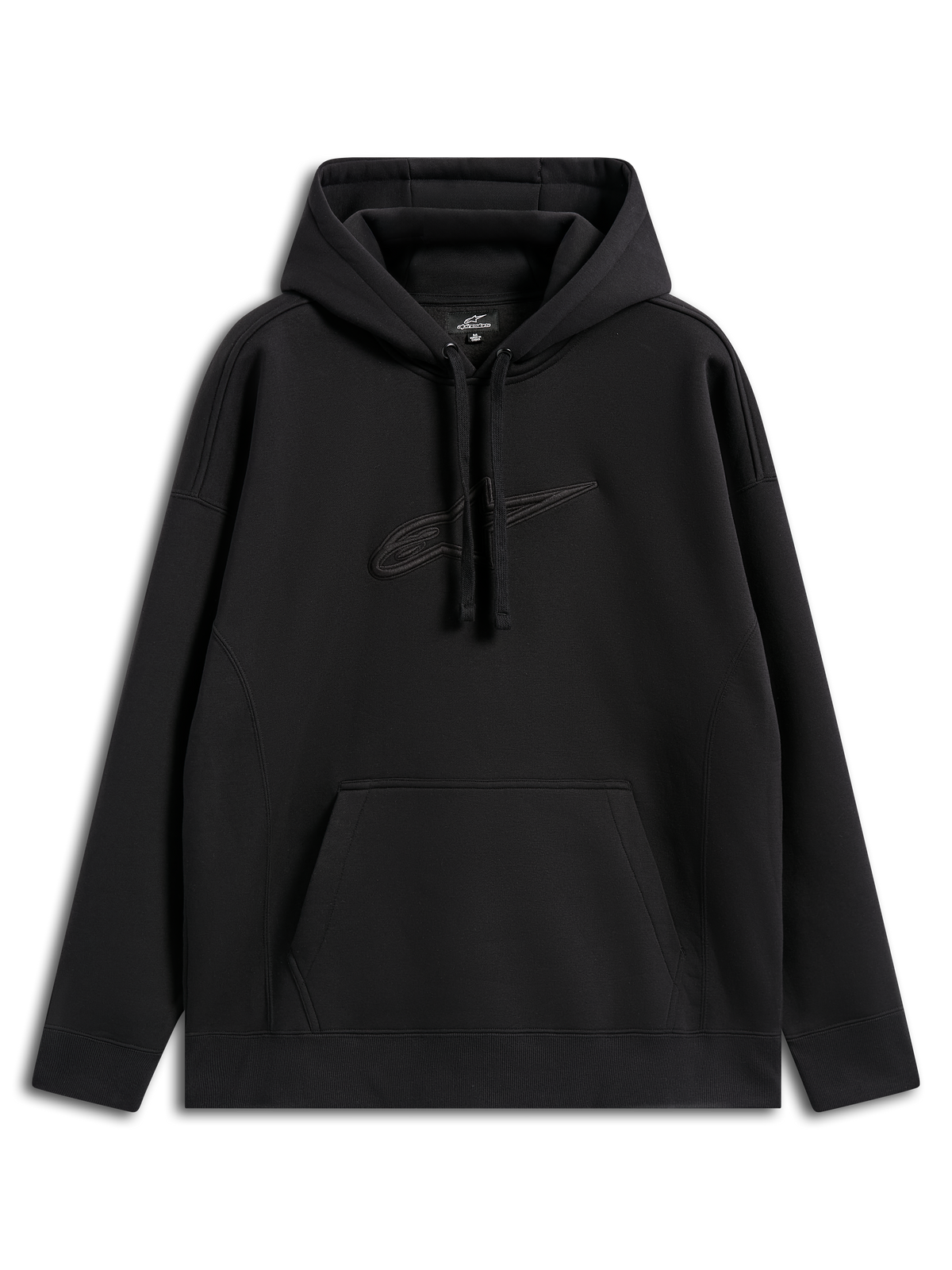 Alpinestars Emergent Oversized Hoodie, sweatshirt com capuz de estilo streetwear casual, preta com logótipo Astars bordado tom sobre tom, corte oversized, capuz com cordão, bolso canguru e design moderno inspirado no desporto motorizado