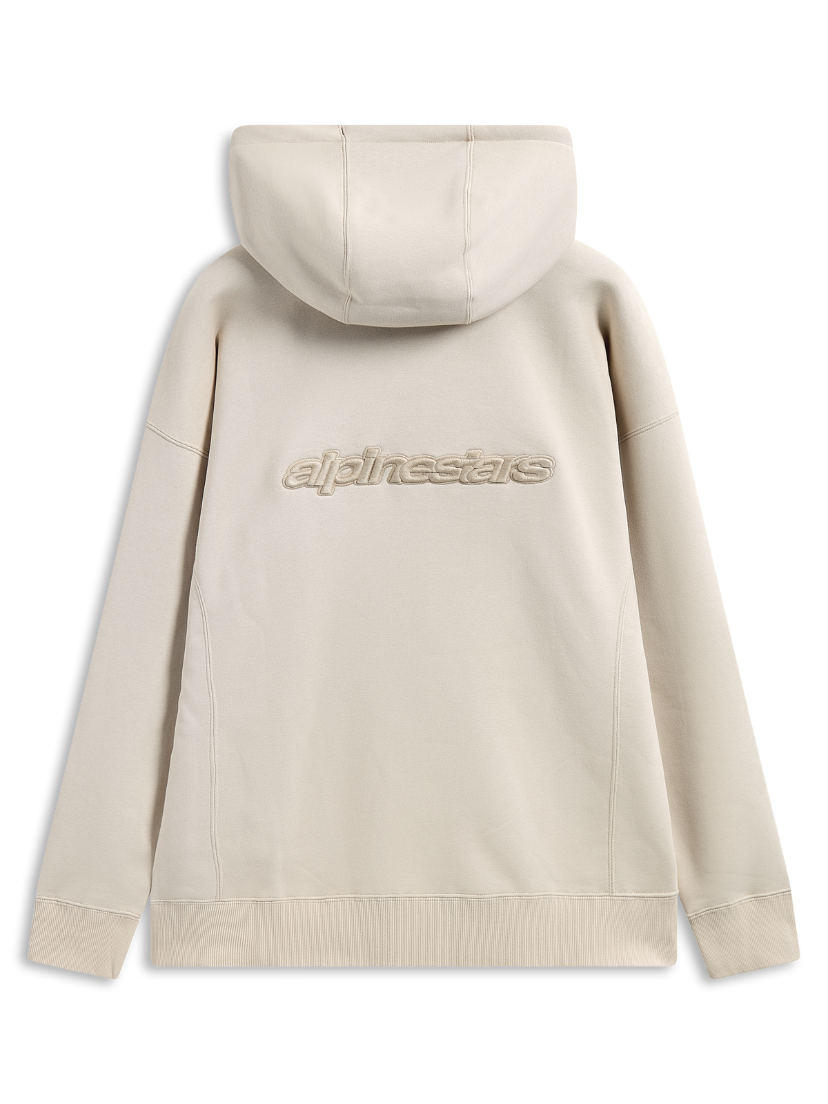 Alpinestars Emergent Oversized Hoodie, vista traseira, cor areia, logótipo Alpinestars com bordado 3D no centro das costas, corte oversized com punhos e bainha em canelado, casual streetwear