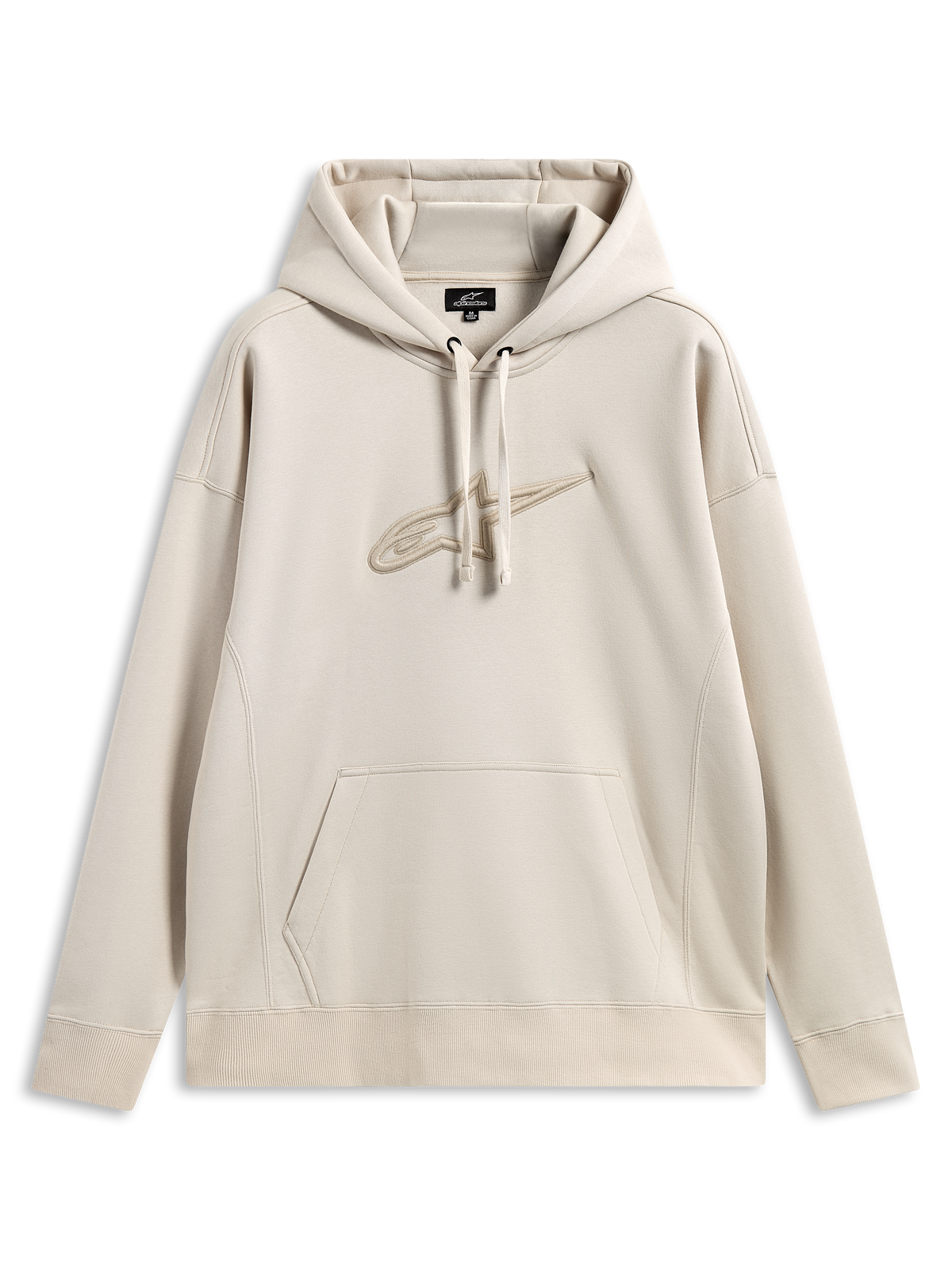 Alpinestars Emergent Oversized Hoodie, streetwear casual de motorsport, cor de areia com logótipo Astars bordado em 3D no mesmo tom, capuz com cordão, bolso canguru, corte oversized relaxado