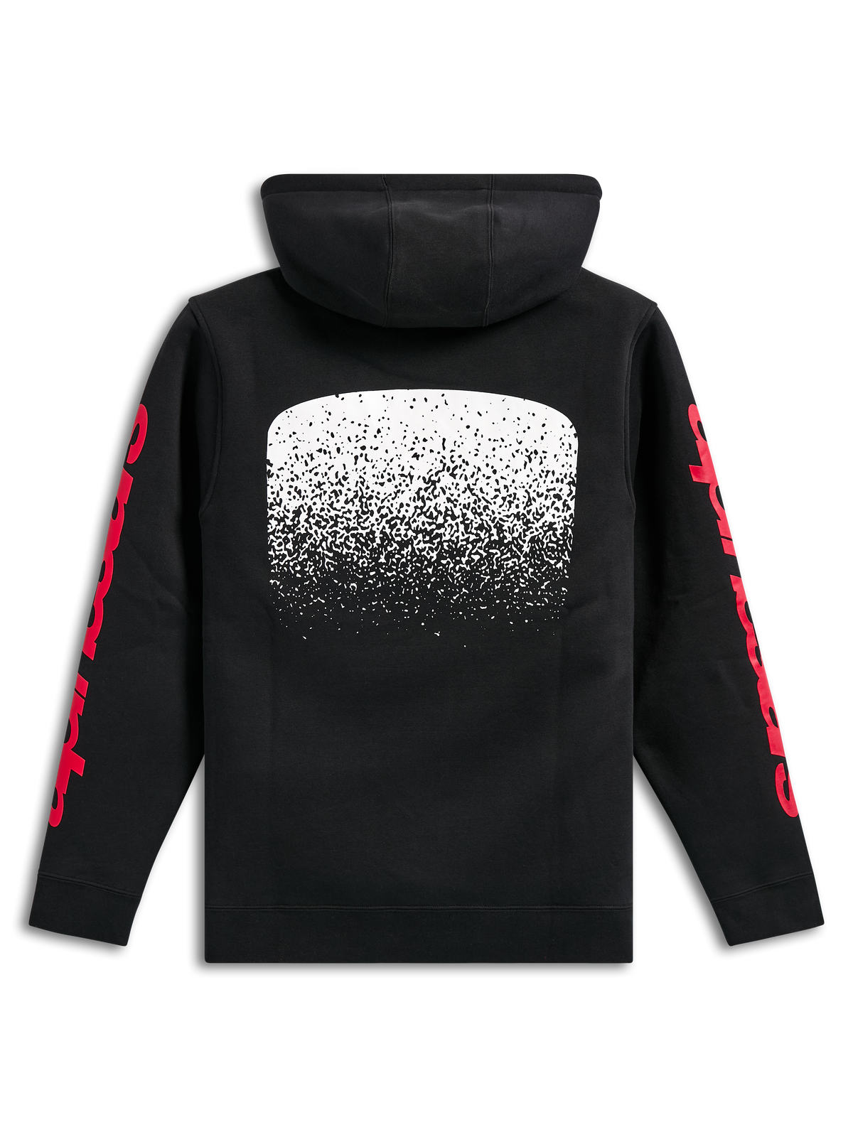 Alpinestars Obsessed Hoodie, sweatshirt preta com capuz em fleece, vista traseira, grande grafismo branco com gradação MX nas costas, logótipos Alpinestars a vermelho nas mangas, streetwear casual inspirado no desporto motorizado
