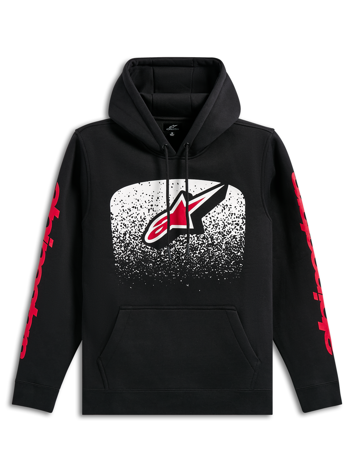 Alpinestars Obsessed Hoodie, sweatshirt preta com capuz, logótipo Astars grande na frente com gradação MX branca e vermelha, logótipos Alpinestars vermelhos nas mangas, capuz com cordão e bolso canguru, vestuário urbano casual inspirado no desporto motorizado