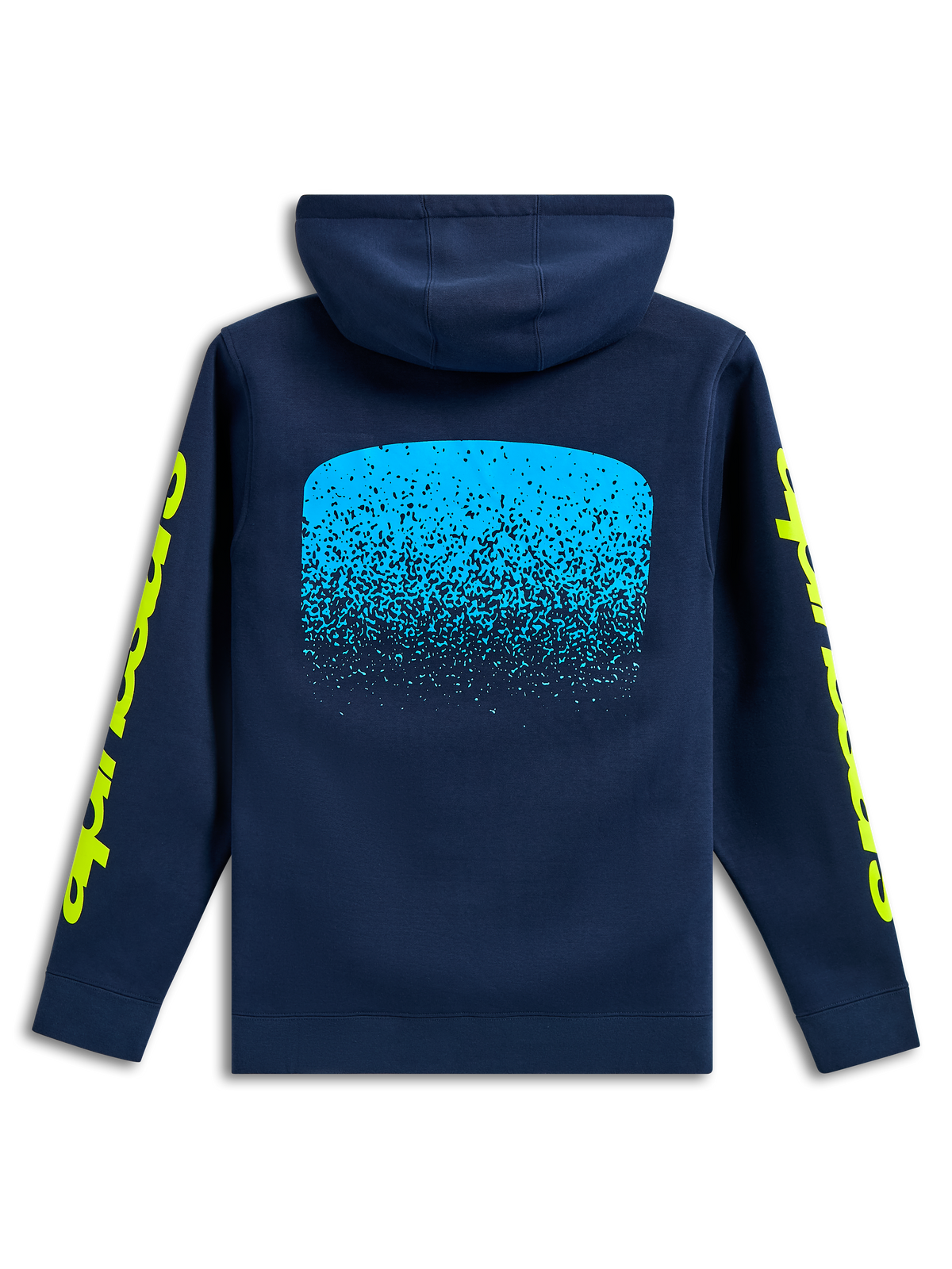 Camisola com capuz Alpinestars Obsessed, vista traseira, azul-marinho, gráfico com gradação MX em azul claro nas costas, logótipos Alpinestars amarelos nas mangas, streetwear casual de desportos motorizados