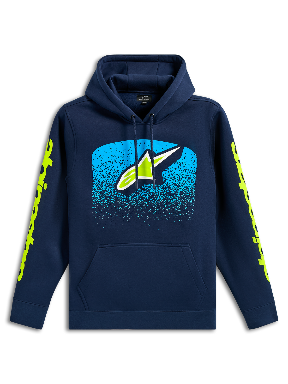 Alpinestars Obsessed Hoodie, camisola casual azul marinho, logótipo Astars frontal com grafismo de gradação MX ciano, logótipos em verde lima nas mangas, capuz com cordão e bolso canguru, design inspirado no desporto motorizado