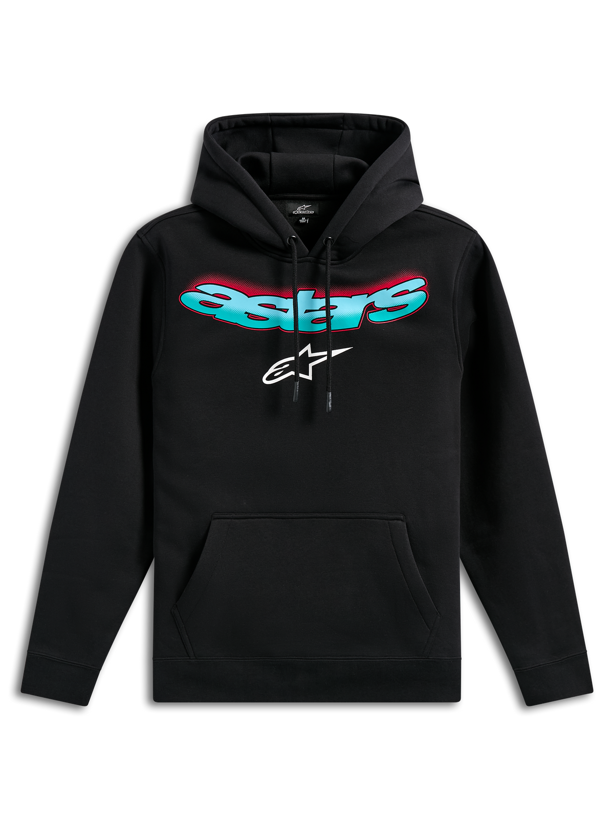Alpinestars Ellipsoid Hoodie, camisola com capuz preta em fleece, com a palavra Astars curvada em gradiente azul-turquesa e vermelho e logótipo de estrela branco, capuz com cordão, bolso canguru, streetwear casual inspirado no desporto motorizado