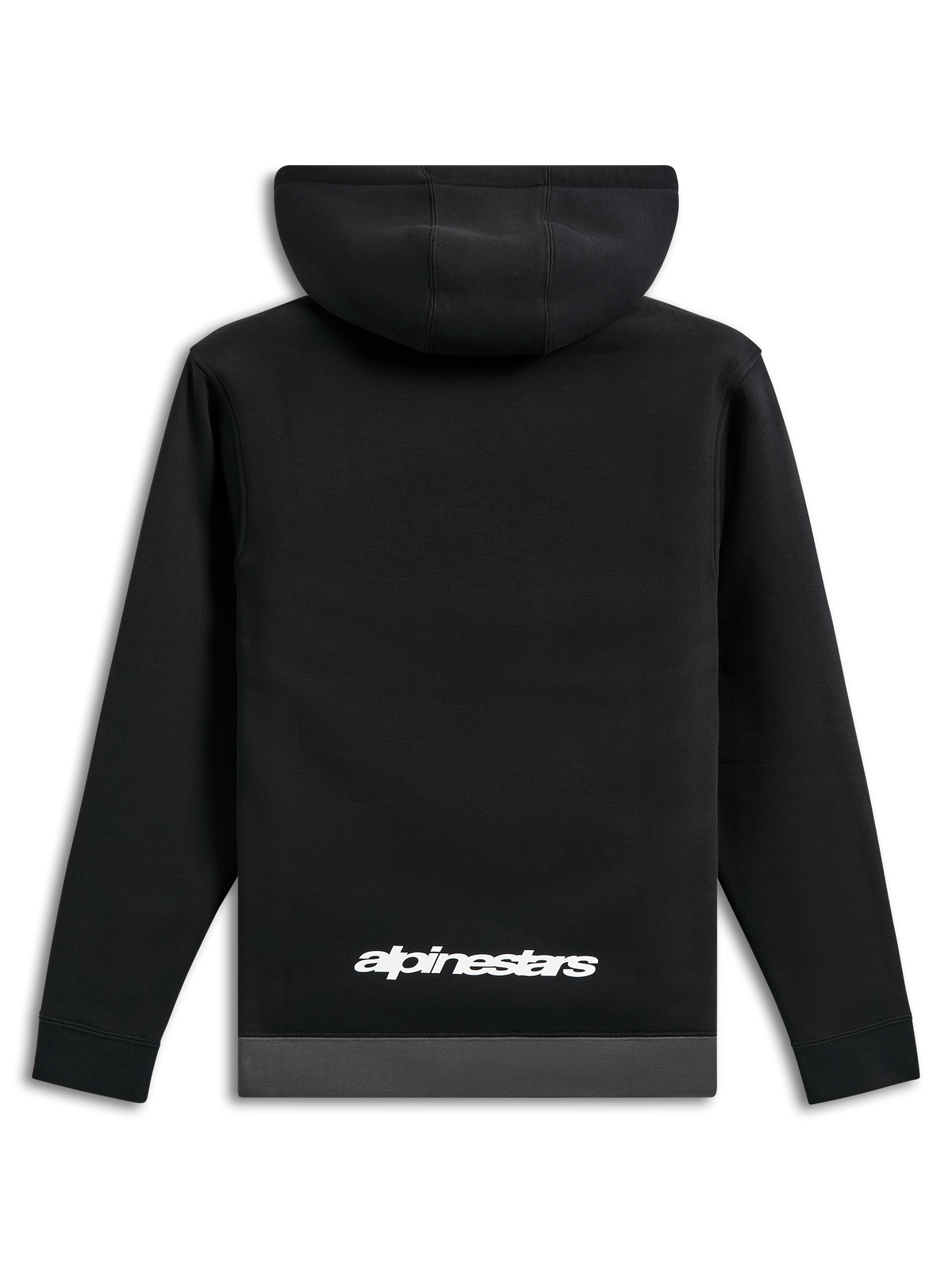 Alpinestars Parallel Hoodie, vista traseira, preto com bainha cinzento gunmetal, logótipo Alpinestars branco na parte inferior das costas, streetwear casual inspirado no desporto motorizado, mangas compridas com punhos canelados