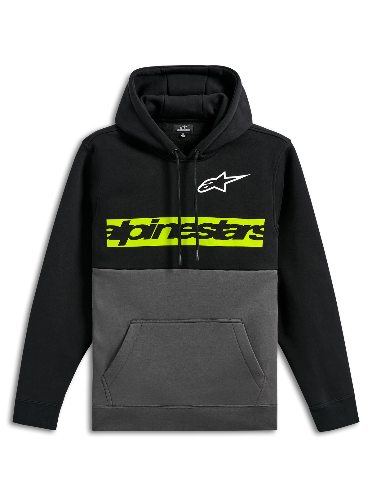 Alpinestars Parallel Hoodie, sweatshirt casual de fleece em blocos de cor, parte superior e mangas em preto com parte inferior em cinzento gunmetal, logótipo Astars branco no peito, barra horizontal num vibrante verde-amarelado com logótipo Alpinestars a preto, capuz com cordões e bolso canguru frontal