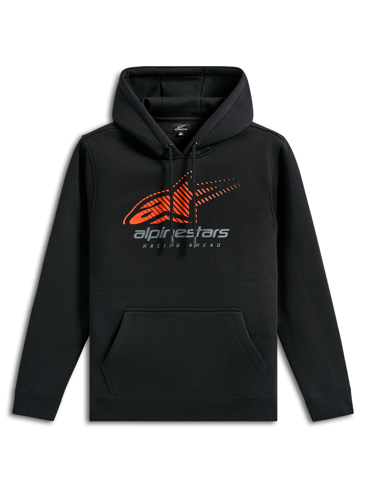 Alpinestars Pulse Hoodie, camisola com capuz casual preta, com logótipo Astars cor de laranja com efeito speed line fade no peito, marca Alpinestars em cinzento, bolso canguru frontal e capuz com cordão