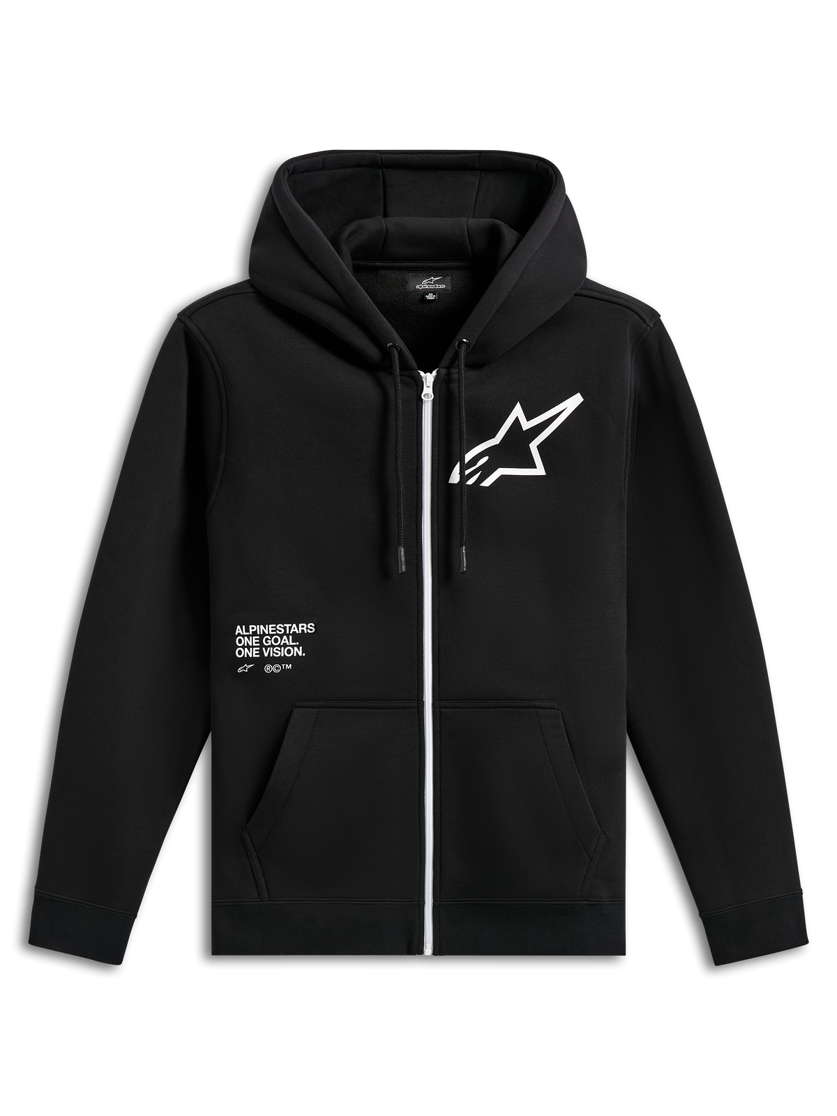 Alpinestars Transverse Hoodie, camisola com capuz em fleece preto com fecho frontal, fecho de correr branco, logótipo Astars branco grande no peito, grafismo com texto 'One Goal, One Vision', capuz com cordões e punhos canelados, streetwear casual de motorsport