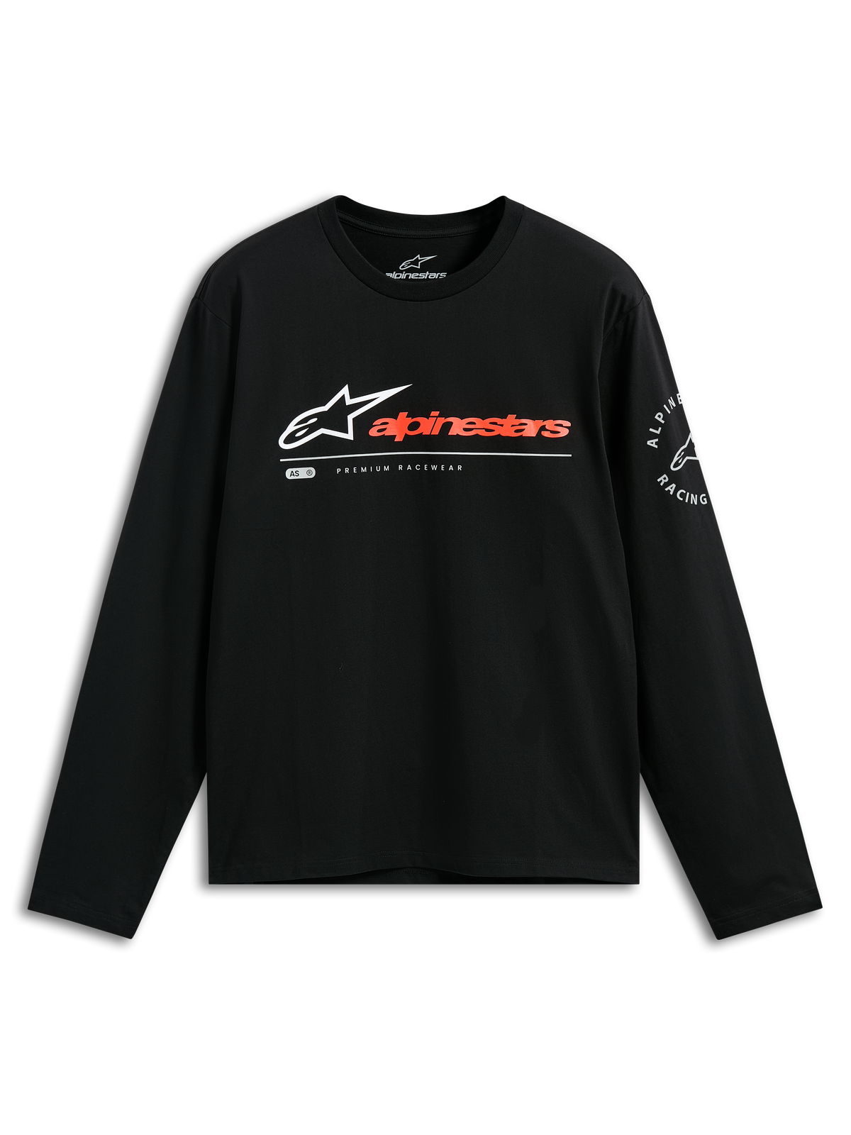 Alpinestars Mandatory CSF Tee, t-shirt de manga comprida, preta, logótipo Astars branco com logótipo nominativo em laranja avermelhado, grafismo circular Alpinestars Racing na manga, vestuário casual de estilo motorsport