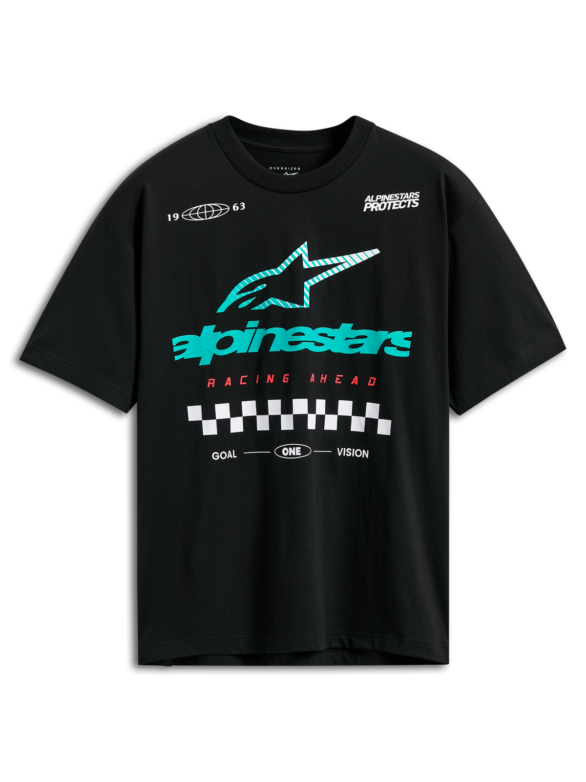 Alpinestars Aplomb Oversized CSF Tee, Short Sleeve T-Shirt, Black, Large Teal and White Striped Astars Logo, Red Racing Ahead Text and Checkered Graphic, Casual Motorsport Streetwear