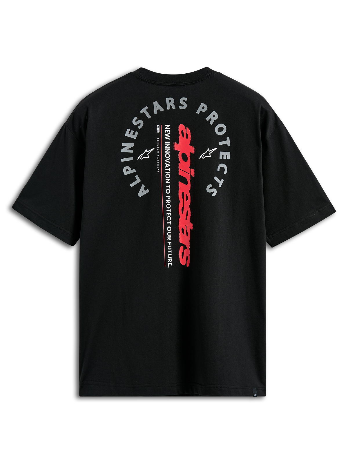 Alpinestars Overhang Oversized CSF Tee, Short Sleeve T-Shirt, Black, Back View with Red Vertical Wordmark and Grey 'Alpinestars Protects' Graphic, Casual Motorsport Streetwear