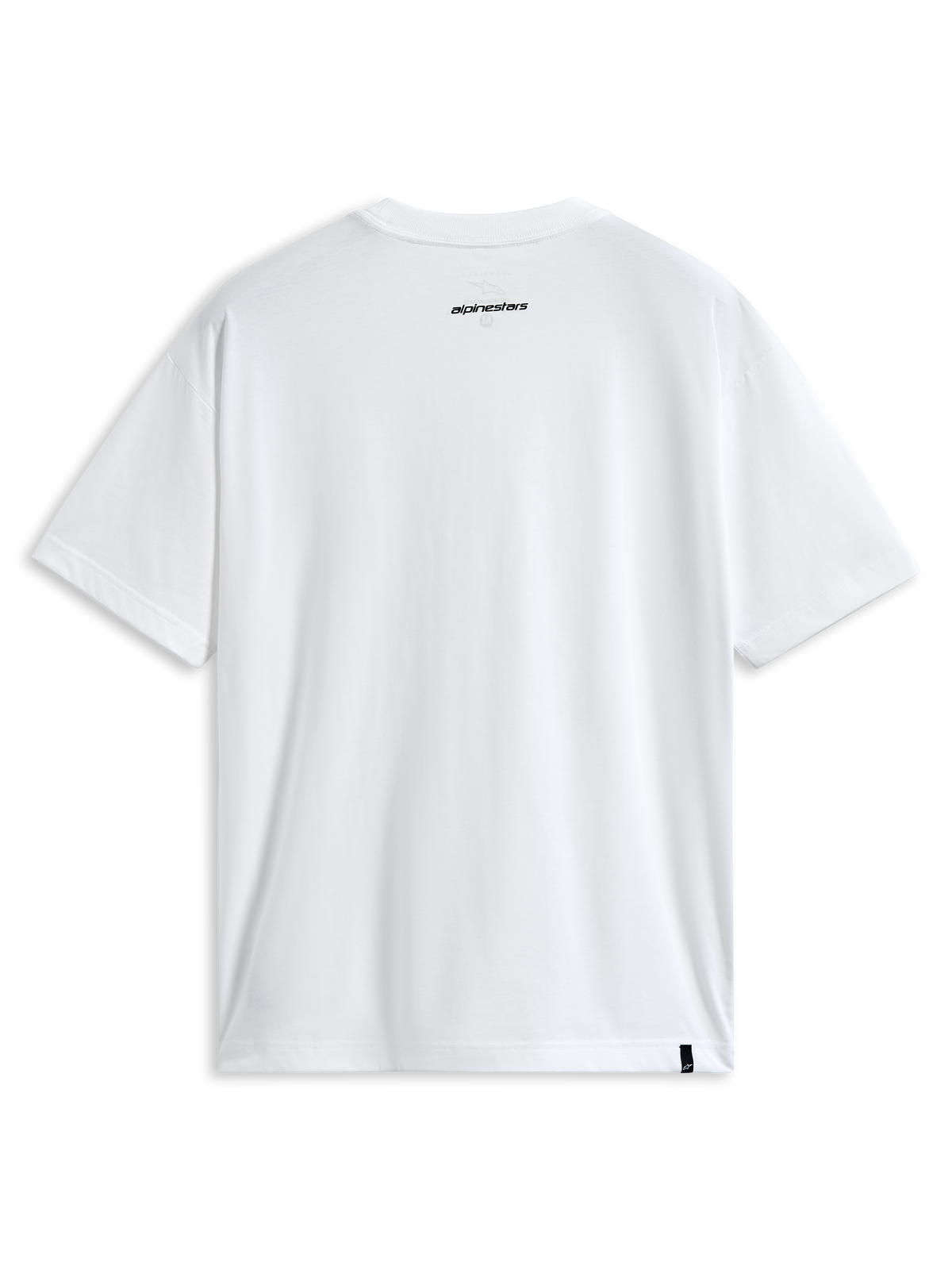 Alpinestars Focused Oversized CSF Tee, t-shirt de manga curta, branca, vista traseira com pequeno logótipo Alpinestars preto na gola e etiqueta externa na bainha, streetwear casual de desportos motorizados