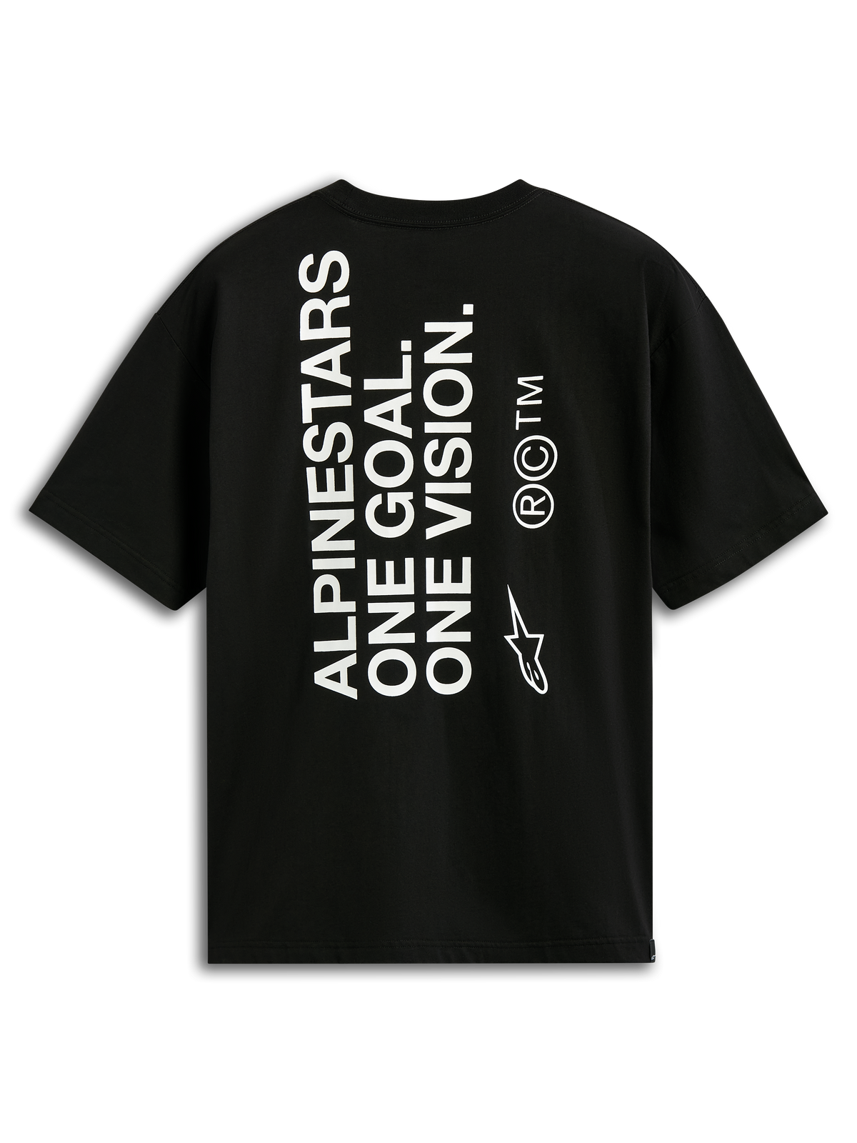T-shirt Alpinestars One Oversized CSF, T-shirt de manga curta, preta, vista traseira com texto vertical branco "ALPINESTARS ONE GOAL. ONE VISION." e logótipo Astars, streetwear casual de desportos motorizados